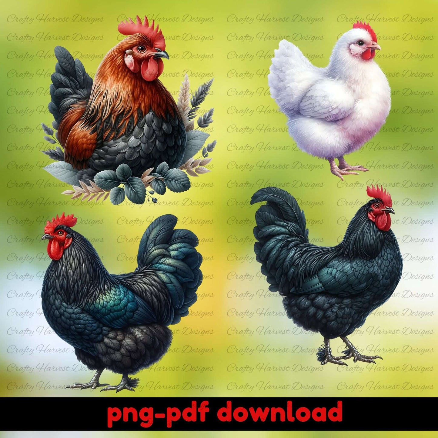Four colorful chickens on a gradient background with 'png-pdf download' text at the bottom.