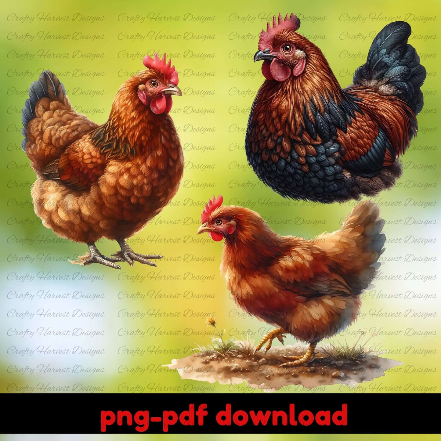 Three chickens on a green background with 'Crafty Harvest Designs' watermark.