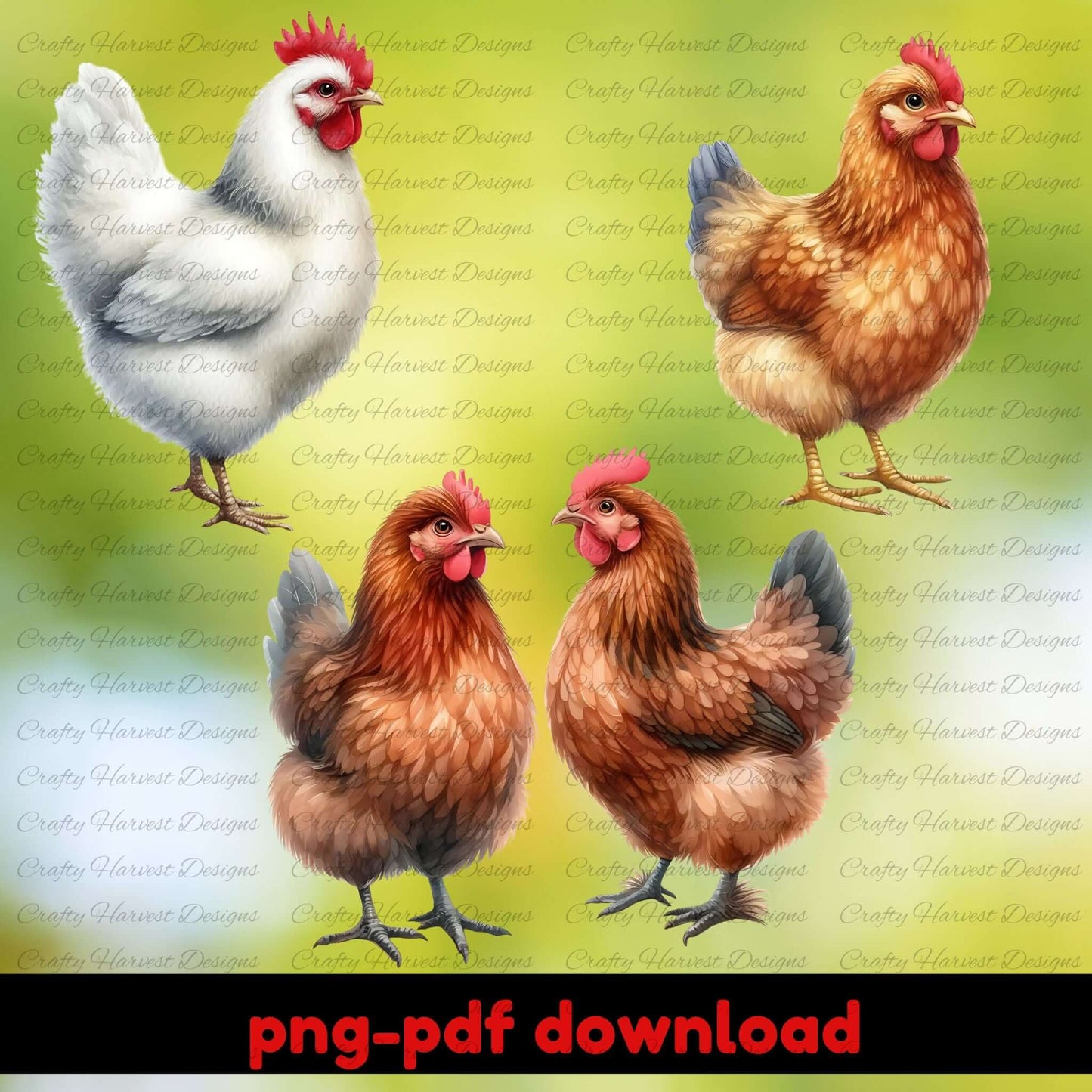 Four chickens of different colors on a green background with 'Crafty Harvest Designs' text.