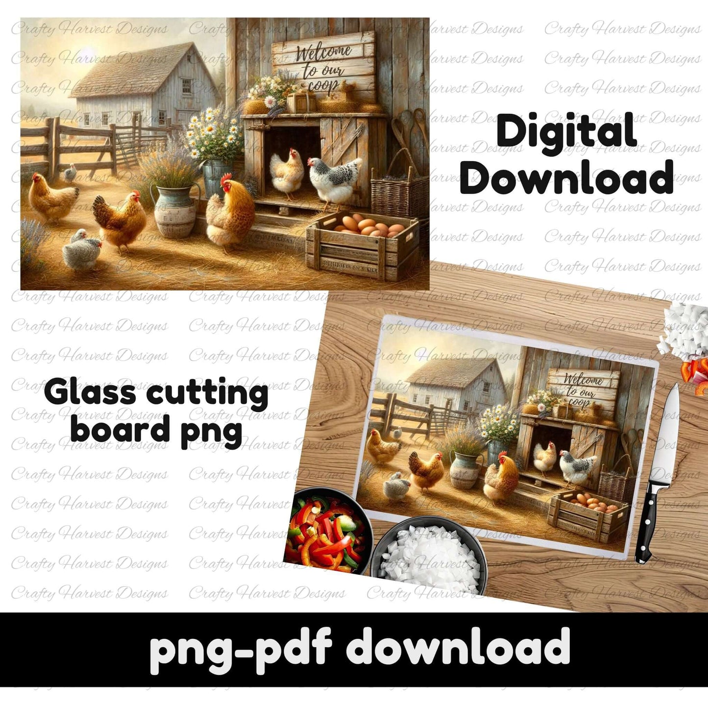 A rustic farmhouse glass cutting board design featuring a cozy chicken coop scene. The artwork includes chickens roaming around a wooden coop with a “Welcome to Our Coop” sign, fresh eggs, potted flowers, and a peaceful barnyard setting. The listing highlights that this is a digital download available in PNG and PDF formats for sublimation.