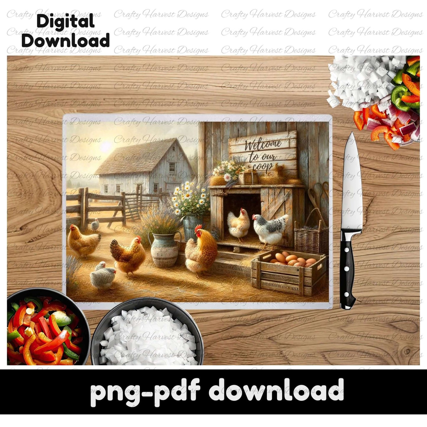 A rustic farmhouse glass cutting board design featuring a cozy chicken coop scene. The artwork includes chickens roaming around a wooden coop with a “Welcome to Our Coop” sign, fresh eggs, potted flowers, and a peaceful barnyard setting. The listing highlights that this is a digital download available in PNG and PDF formats for sublimation.