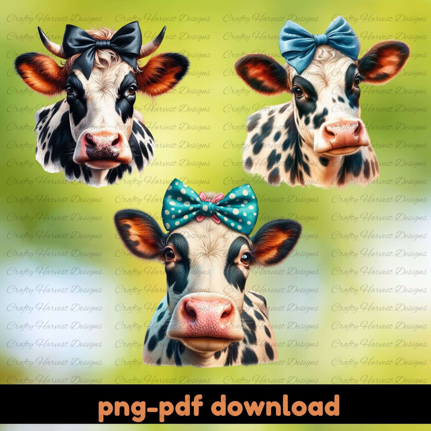 Three cows with colorful bows on a yellow background, with 'Crafty Harvest Designs' watermark.