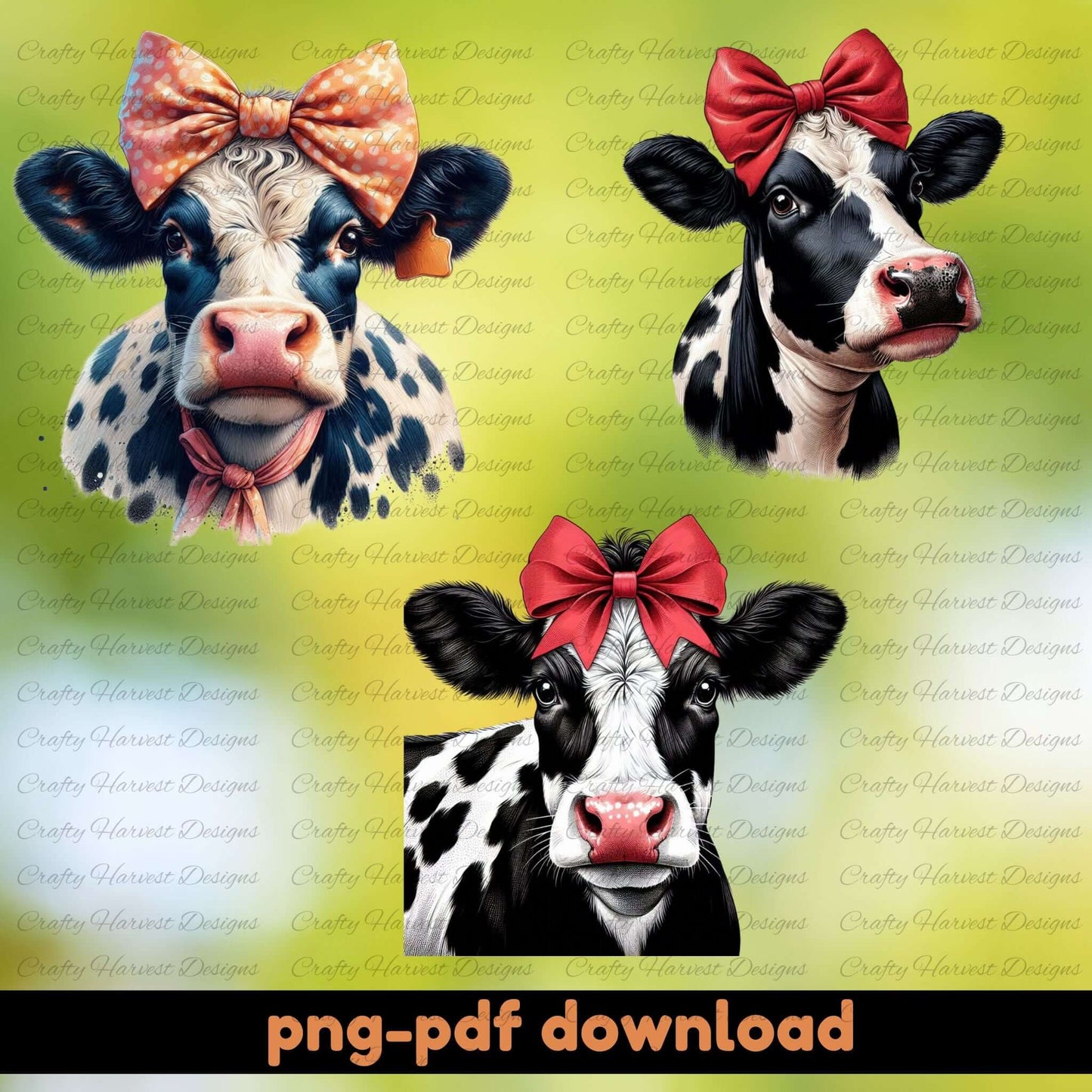 Three cows with colorful bows on a yellow background, with text indicating PNG and PDF download options.