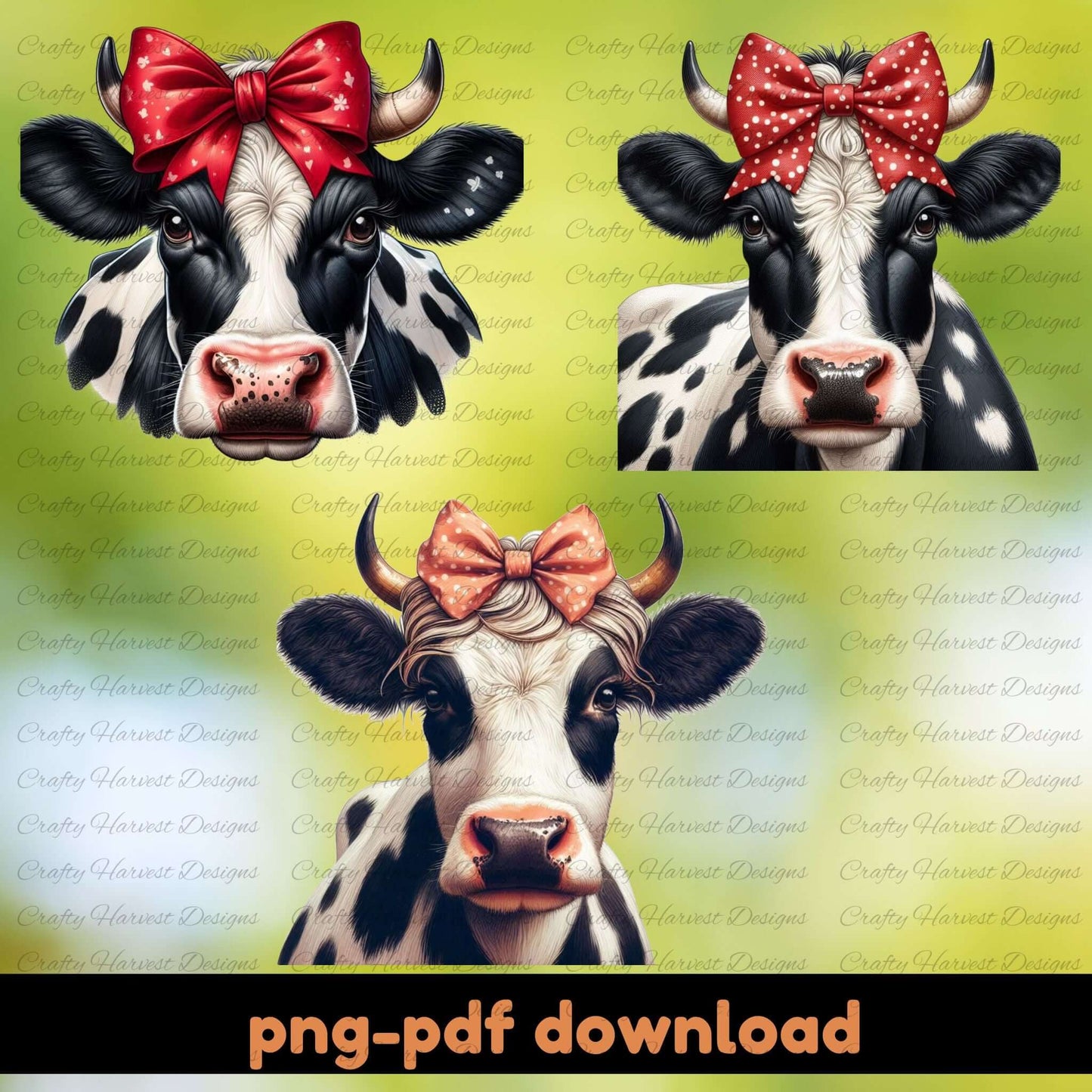 Three cows with colorful bows on a green background, with 'png-pdf download' text at the bottom.