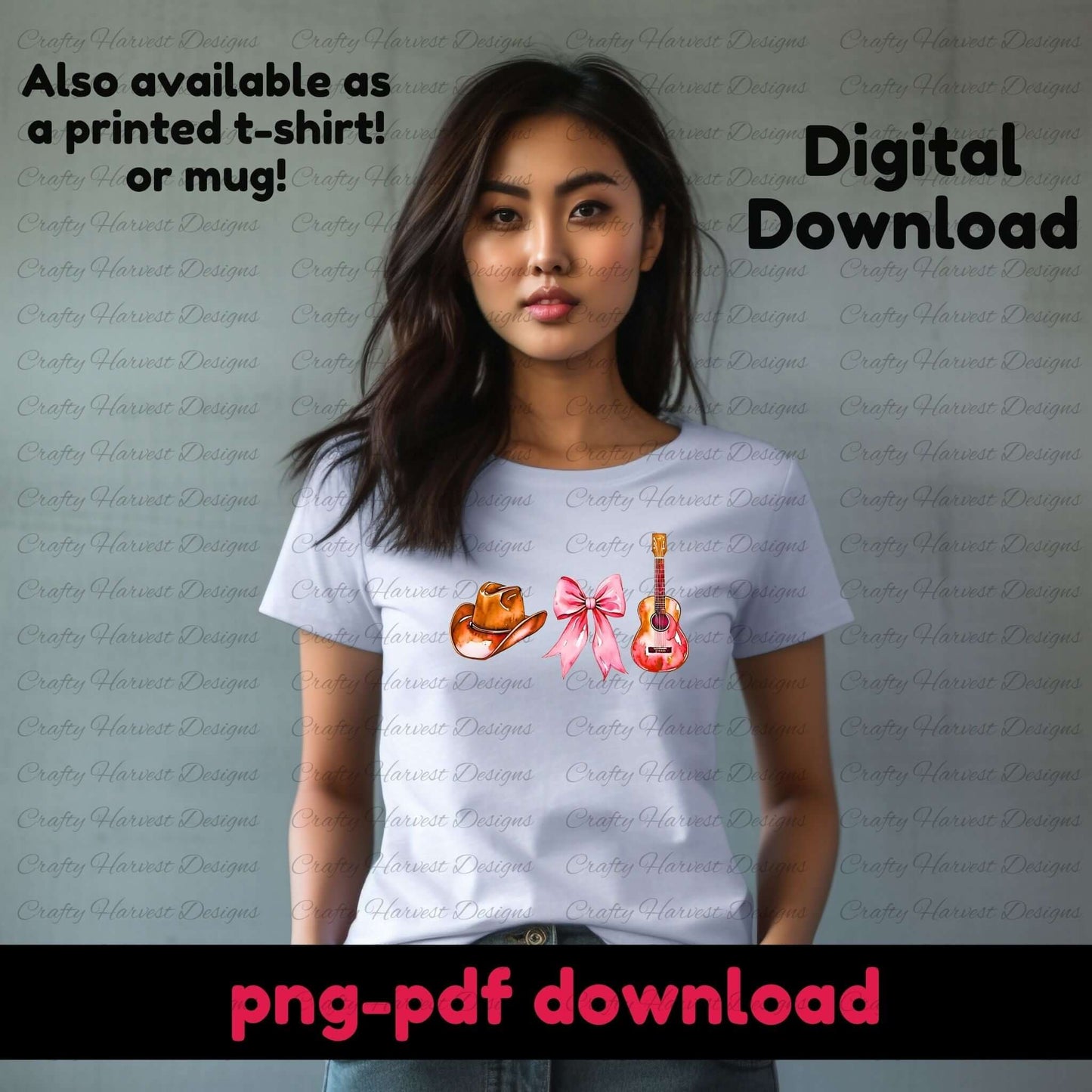 Woman wearing a light-colored t-shirt featuring a cowboy hat, pink bow, and guitar design. Western aesthetic digital download available in PNG and PDF formats.