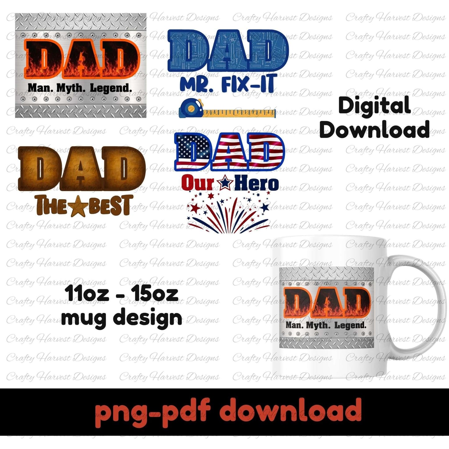 Dad-themed mug design bundle preview featuring 5 digital wrap designs with phrases like “Man. Myth. Legend.” and “Mr. Fix-It,” in PNG and PDF formats for 11oz–15oz mugs.