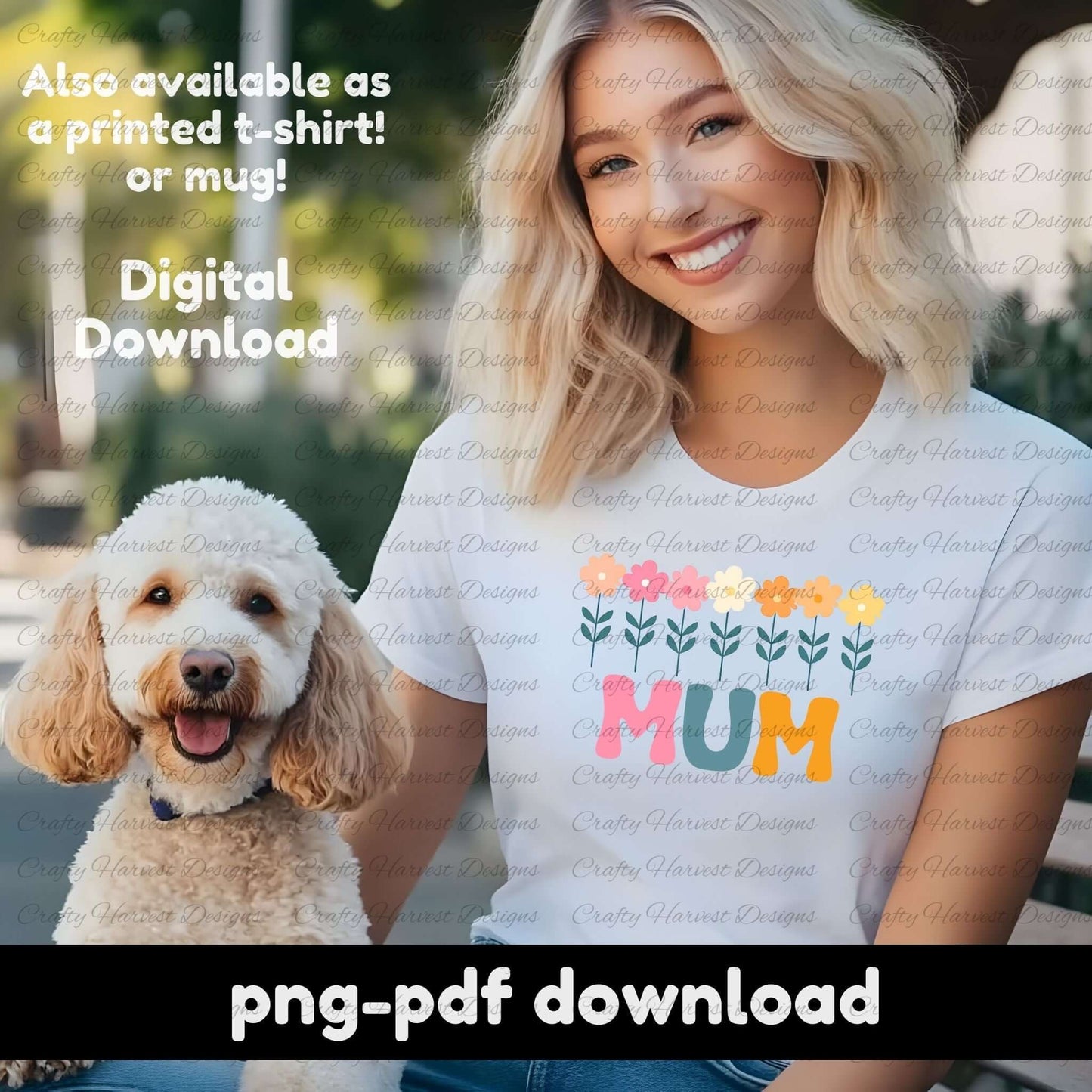 woman wearing a white t-shirt featuring a retro MUM floral design with colorful flowers and bold typography. PNG and PDF digital download.