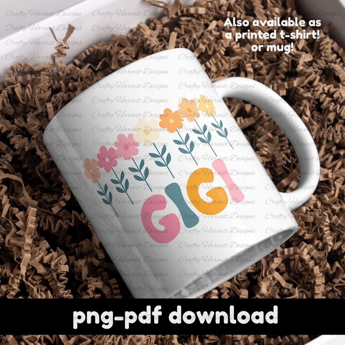 White ceramic mug featuring a retro GIGI floral design with colorful flowers and bold typography. PNG and PDF digital download.