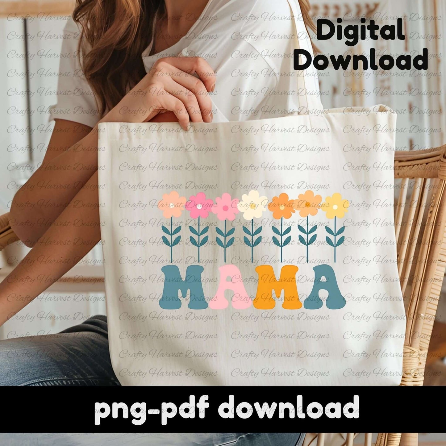 Beige tote bag featuring a retro MAMA floral design with colorful flowers and bold typography. PNG and PDF digital download.
