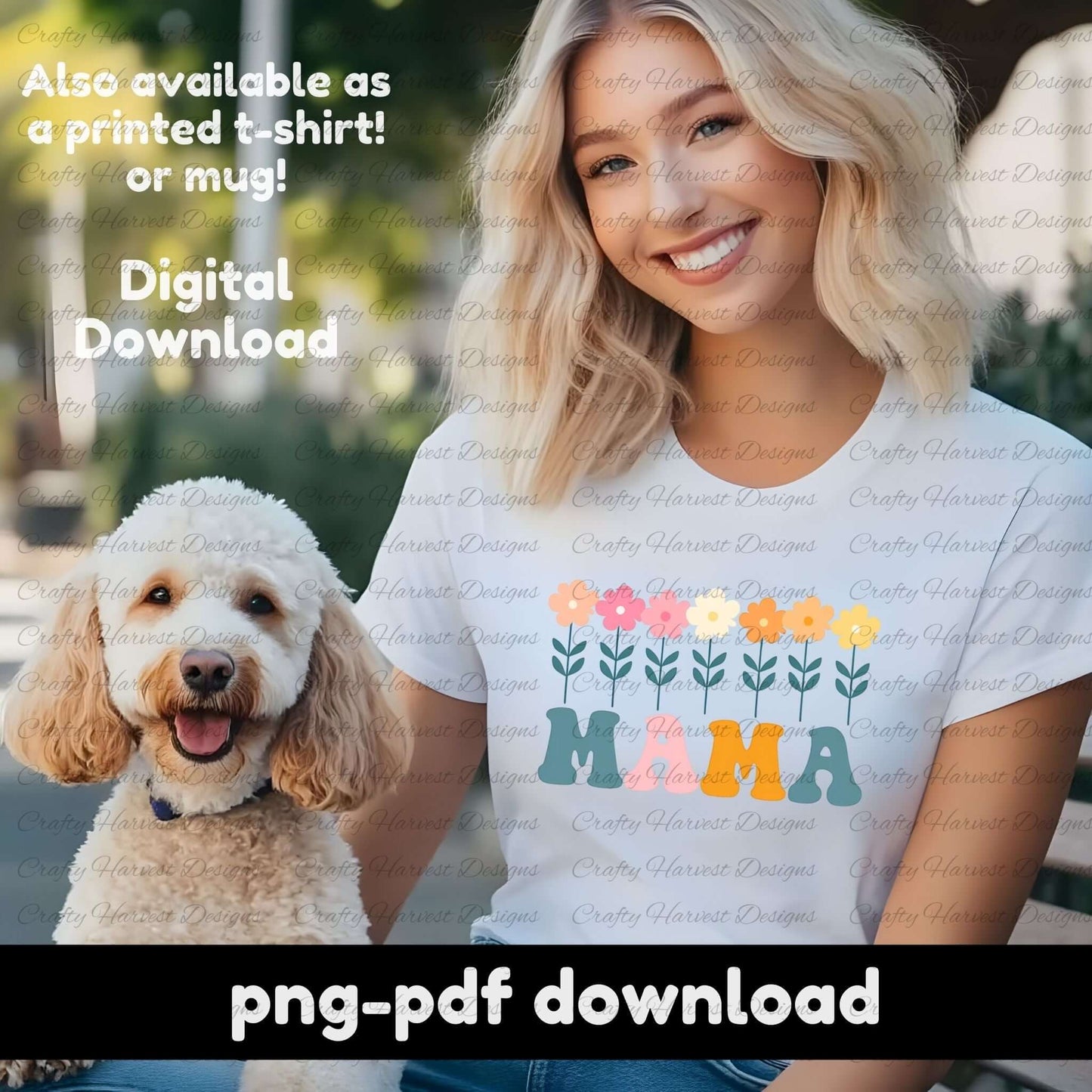 woman wearing a white t-shirt featuring a retro MAMA floral design with colorful flowers and bold typography. PNG and PDF digital download.