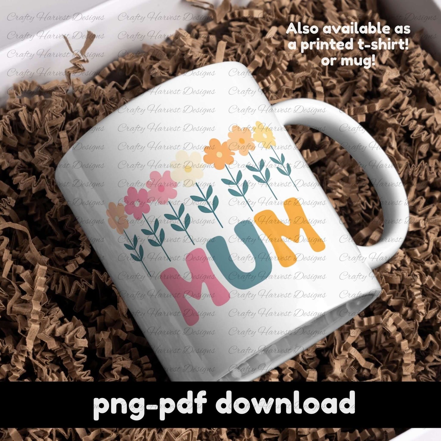 White ceramic mug featuring a retro MUM floral design with colorful flowers and bold typography. PNG and PDF digital download.