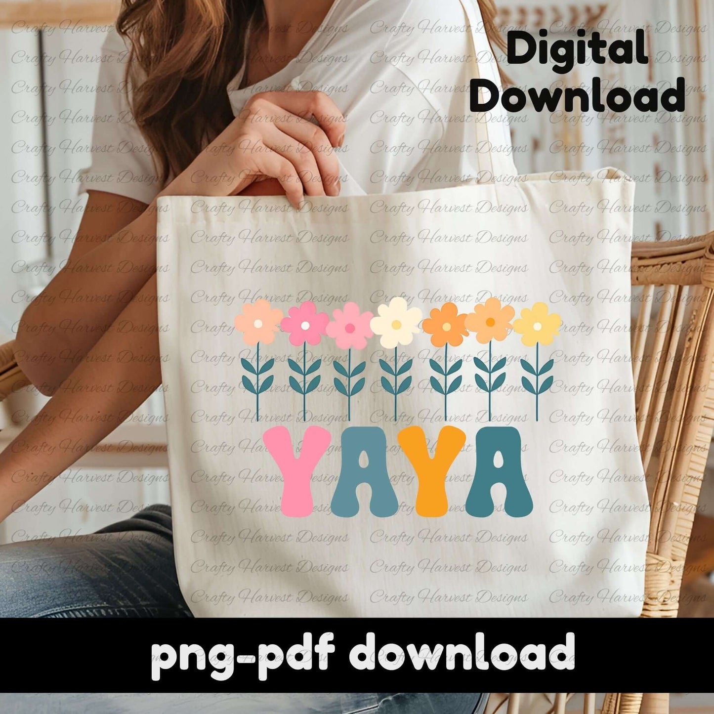 Beige tote bag featuring a retro YAYA floral design with colorful flowers and bold typography. PNG and PDF digital download.