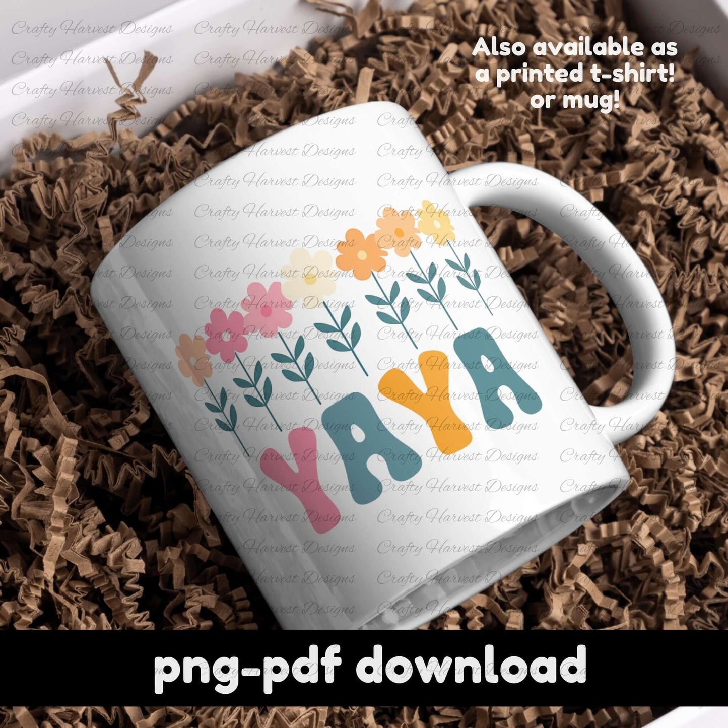 White ceramic mug featuring a retro YAYA floral design with colorful flowers and bold typography. PNG and PDF digital download.