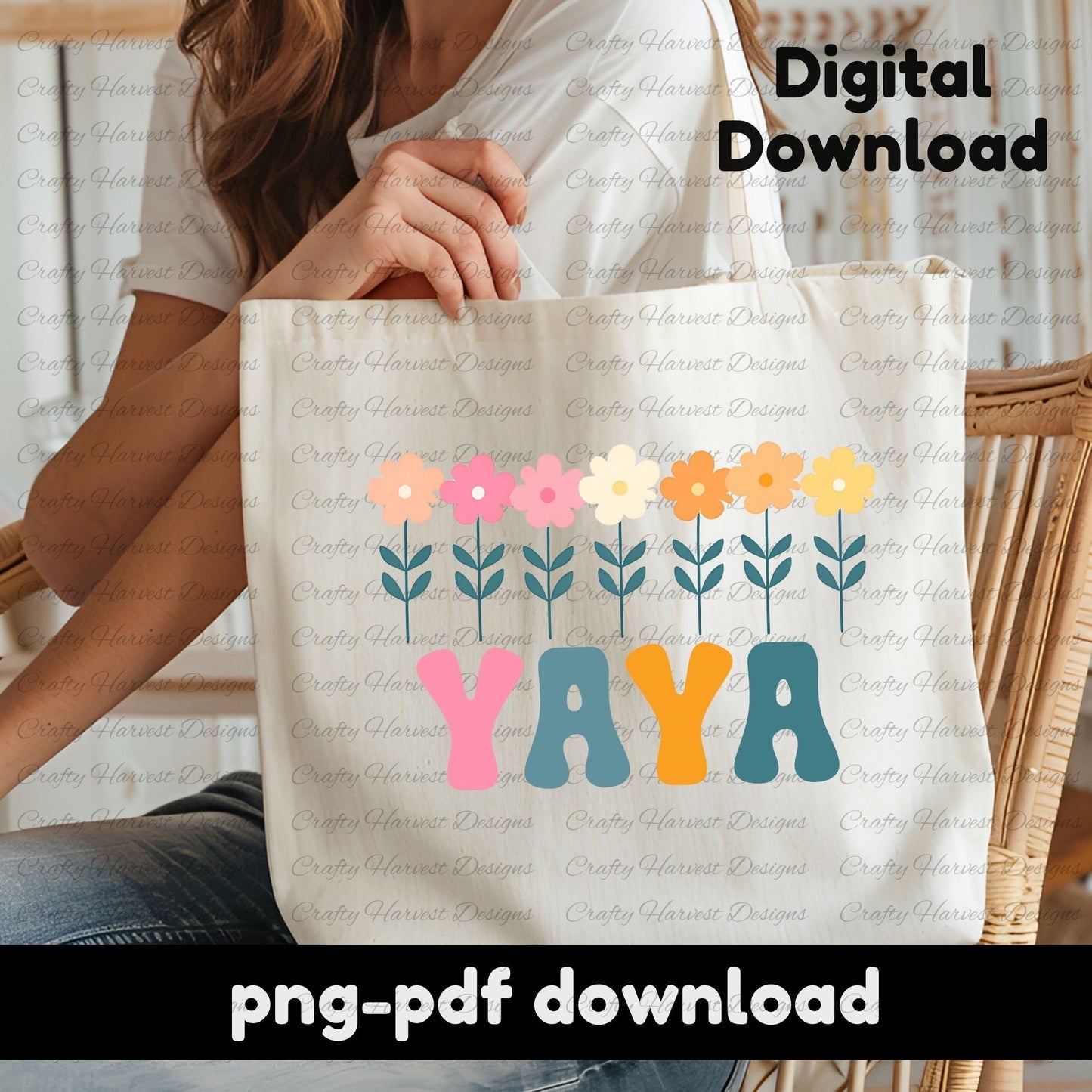 Beige tote bag featuring a retro YAYA floral design with colorful flowers and bold typography. PNG and PDF digital download.
