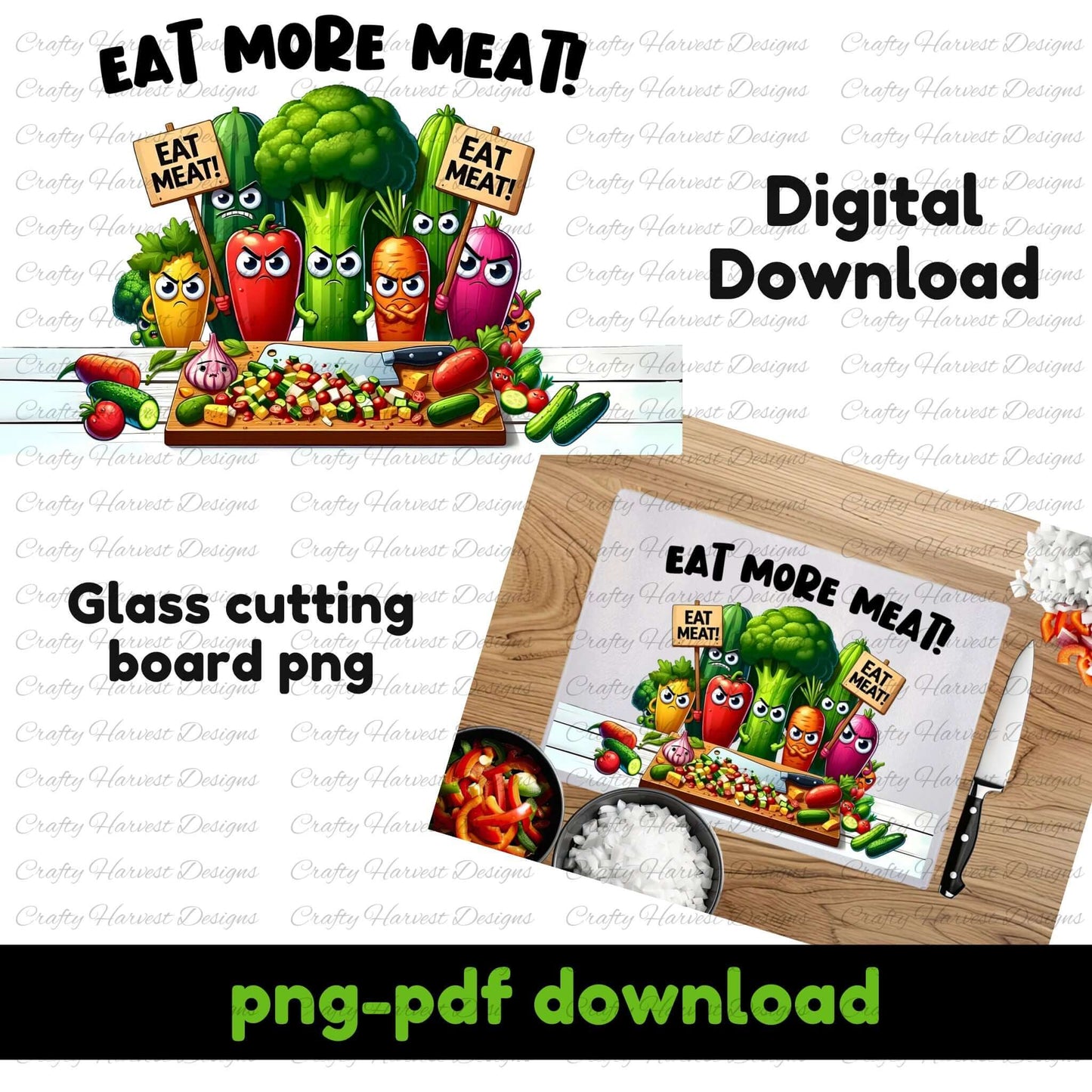 Funny glass cutting board design with angry veggies holding “EAT MEAT!” signs. Features broccoli, peppers, and carrots with expressive faces on a wooden board. Digital download (PNG/PDF).