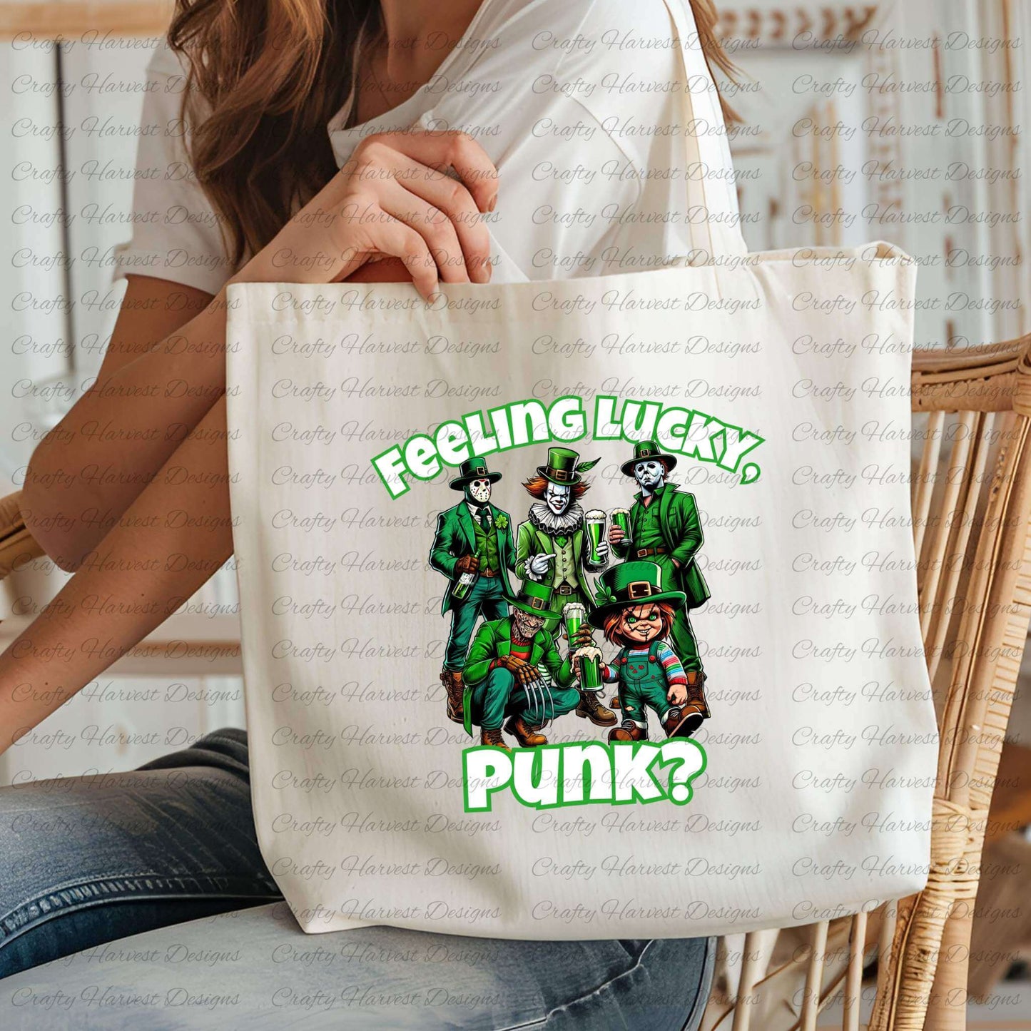 Person holding a cream-colored tote bag featuring the ‘Feeling Lucky, Punk?’ design with a group of St. Patrick’s Day-themed characters in green outfits.