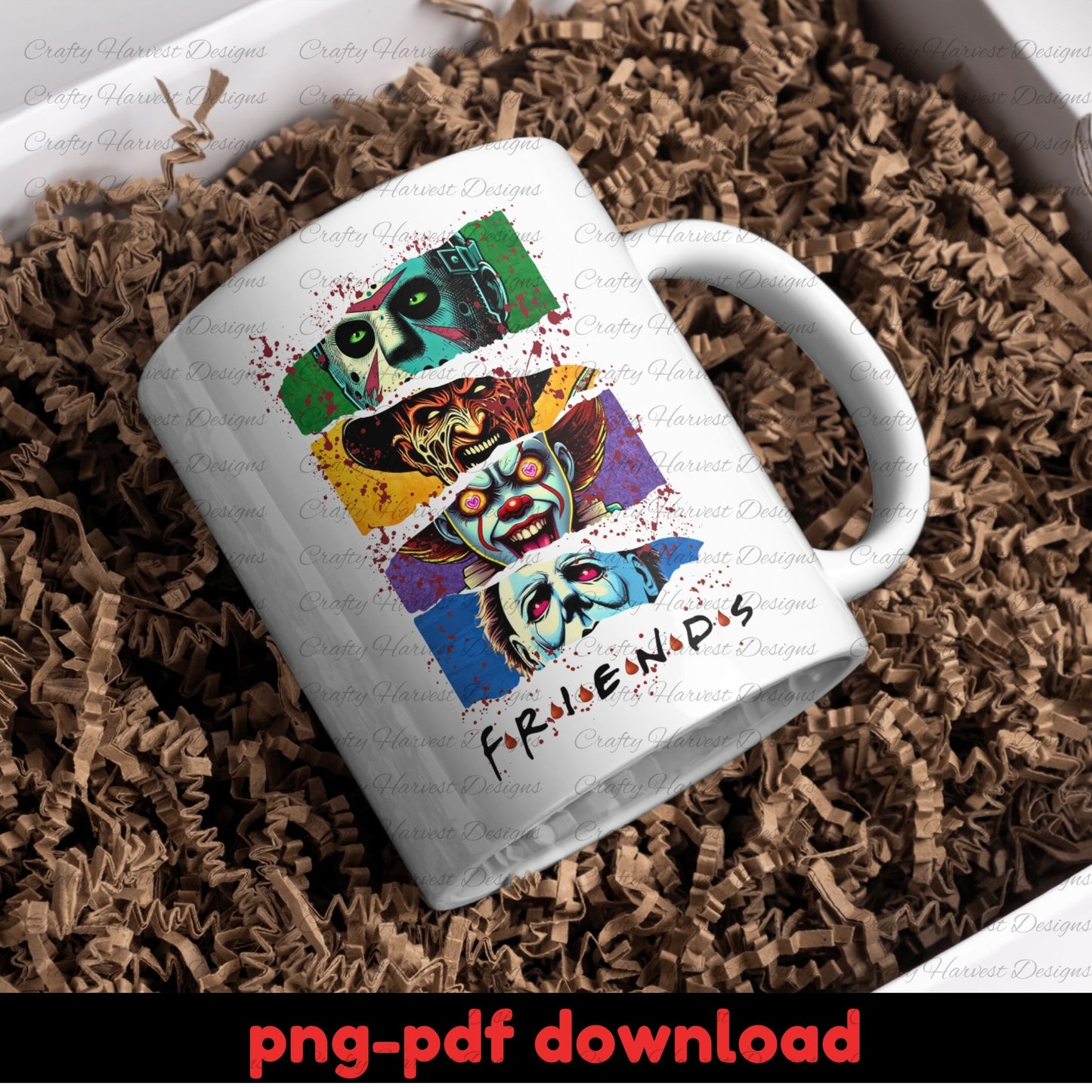 White mug with colorful character design and 'Friends' text on a brown crinkled paper background.