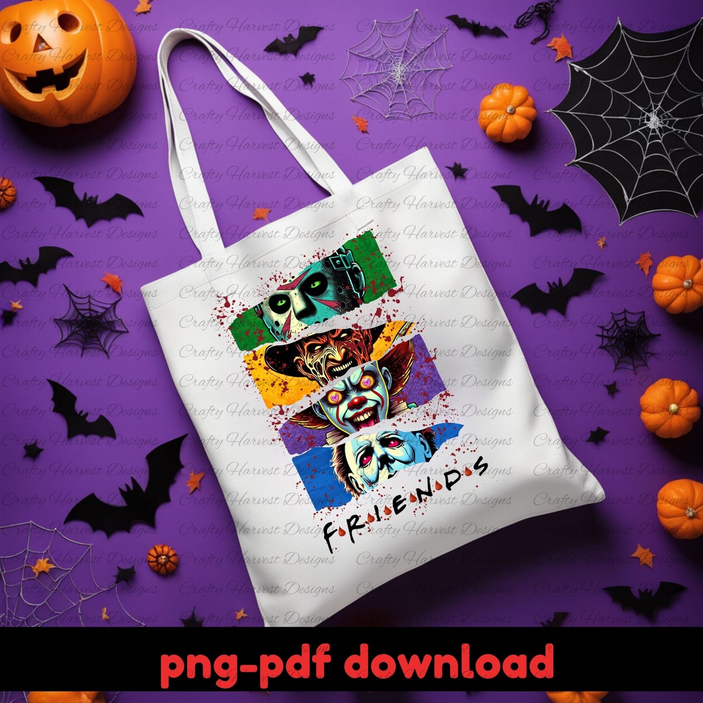 Tote bag with Halloween-themed design on a purple background with pumpkins and bats.