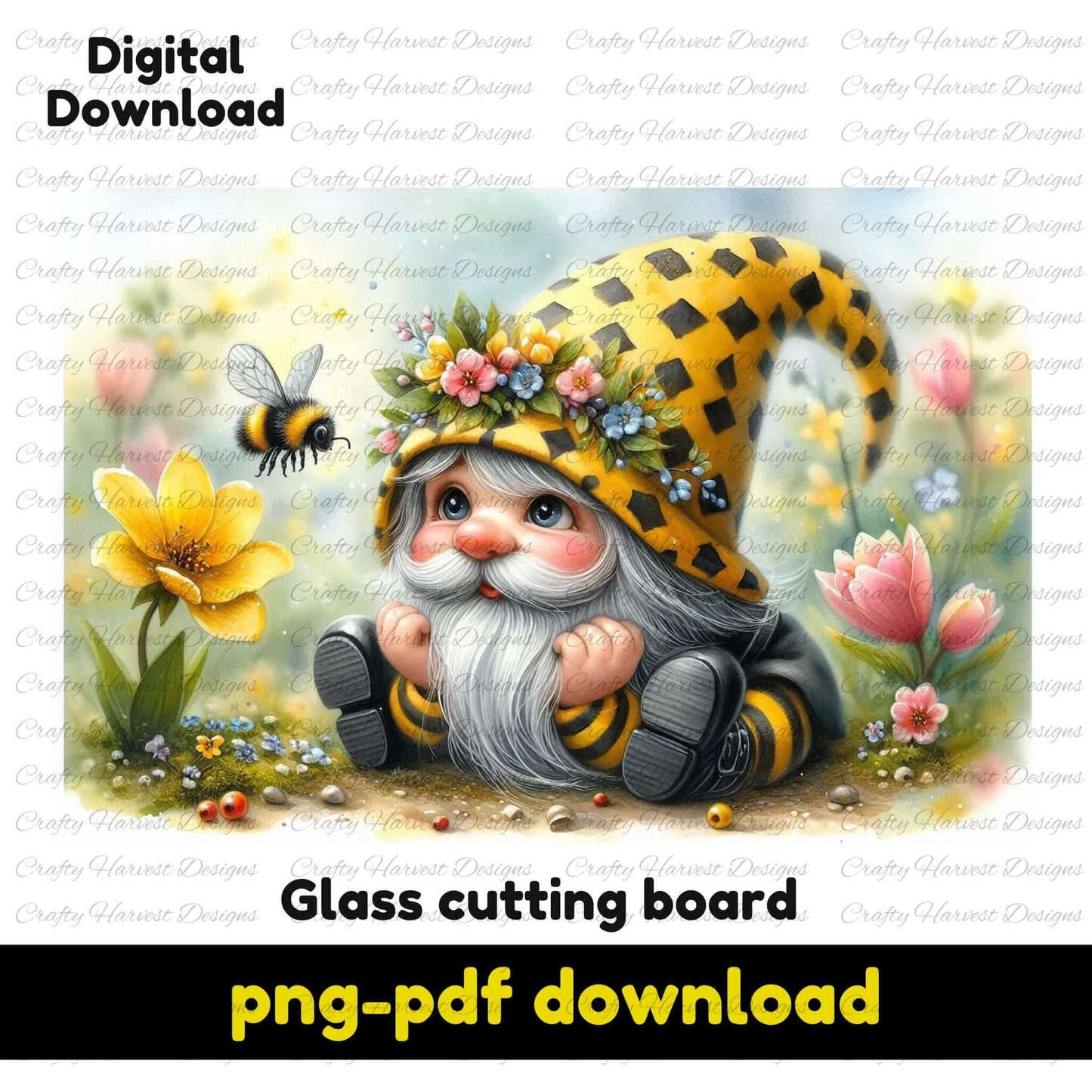 A digital illustration of a gnome wearing a yellow and black checkered hat, sitting in a flower-filled meadow with a bee hovering nearby. The gnome has a cheerful expression, a long white beard, and floral decorations on its hat. The image is labeled as a digital download for a glass cutting board design.