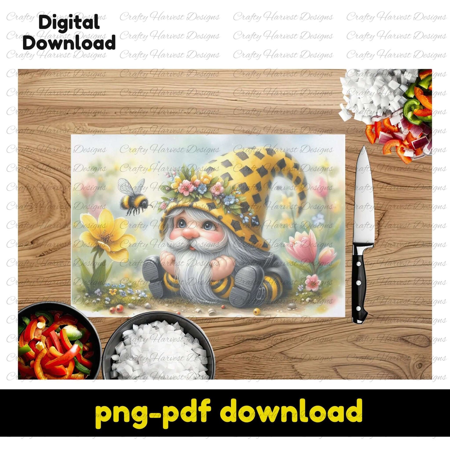 A digital illustration of a bee-themed gnome on a glass cutting board mockup. The gnome wears a yellow and black checkered hat adorned with flowers and sits in a vibrant meadow with blooming flowers and a hovering bee. The design is labeled as a digital download.