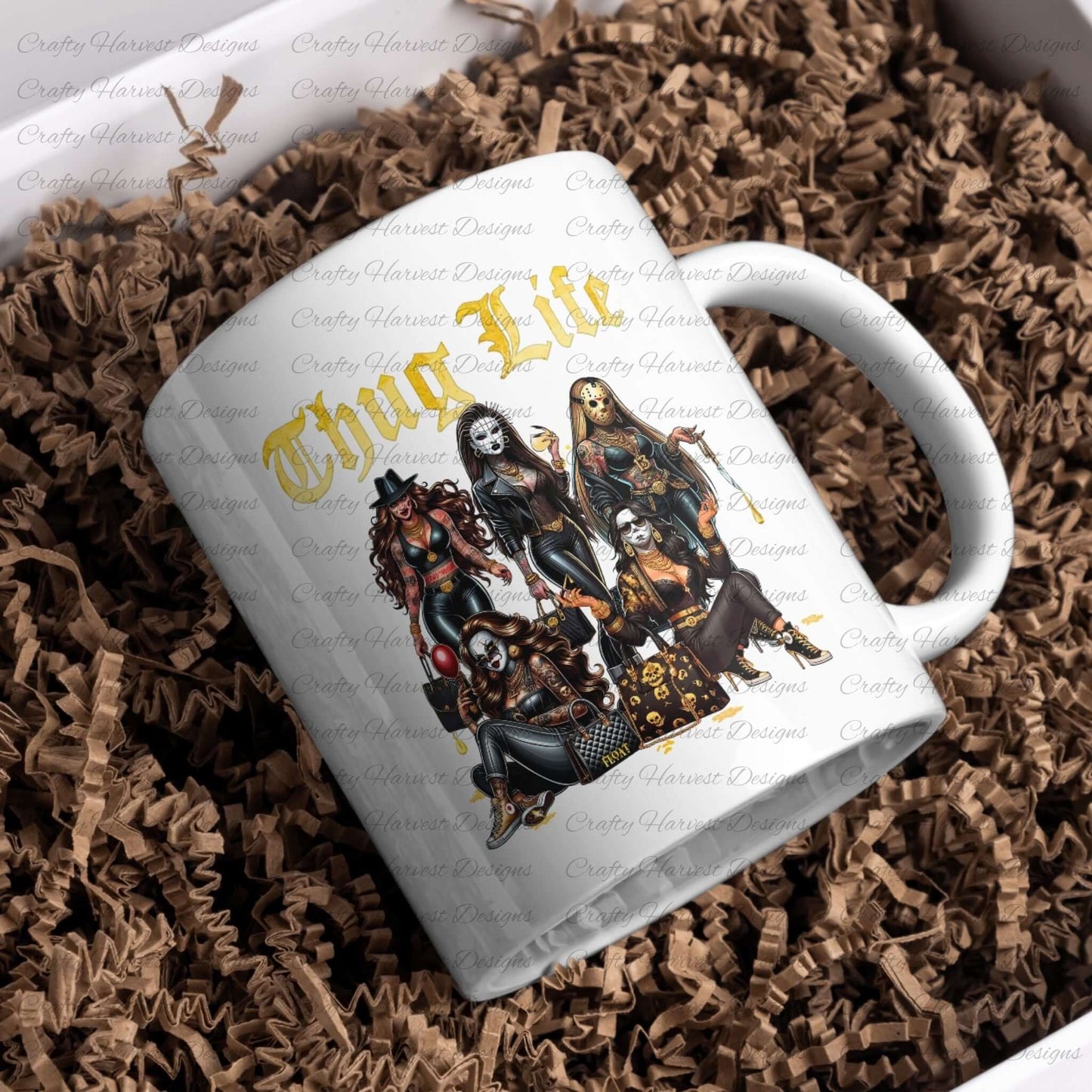 Thug Life digital design featuring gothic horror-inspired women with bold gold text, displayed on a white mug mockup. Ideal for PNG and PDF downloads.
