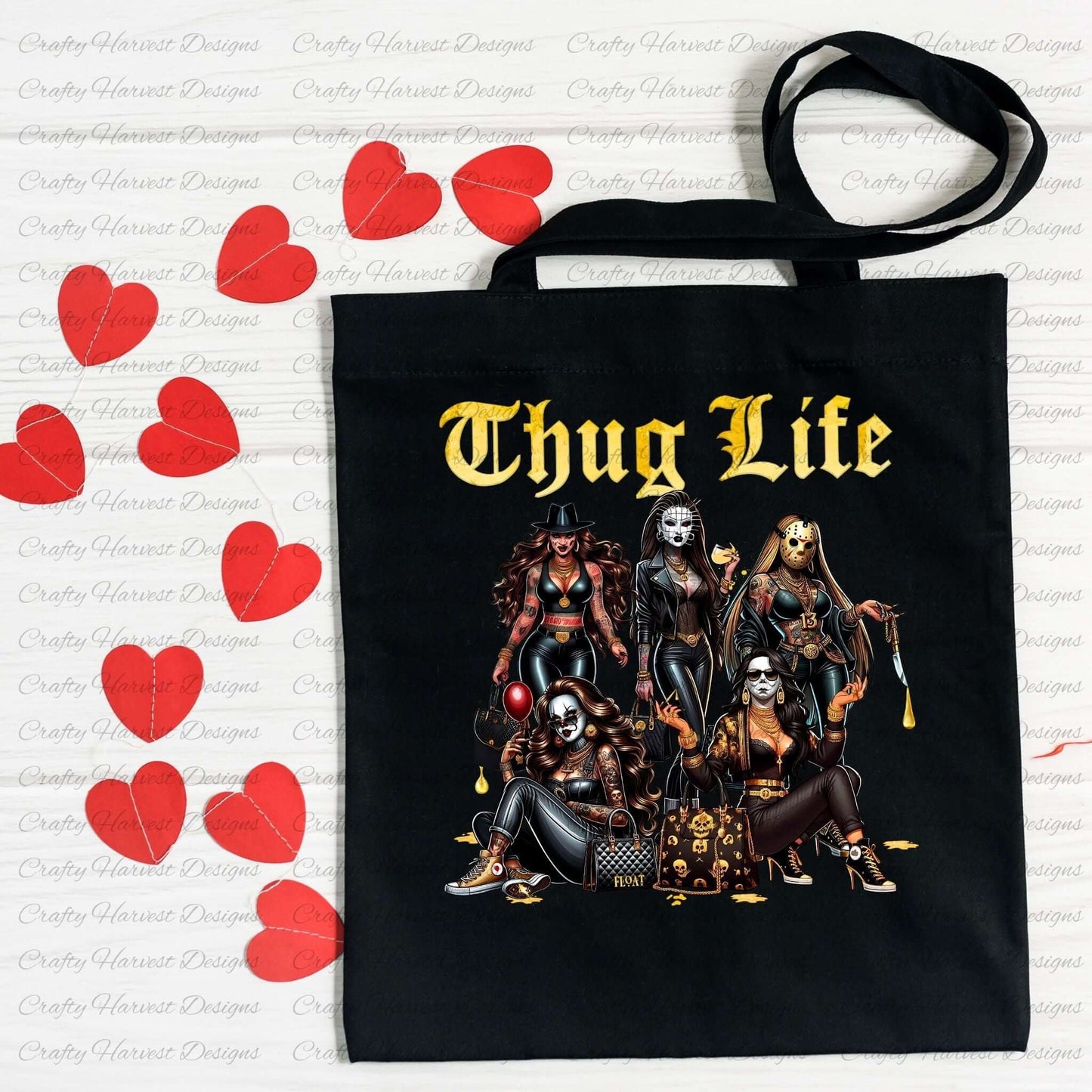 Thug Life digital design with gothic horror-inspired women and bold gold text, displayed on a black tote bag mockup. Available as a PNG and PDF download.
