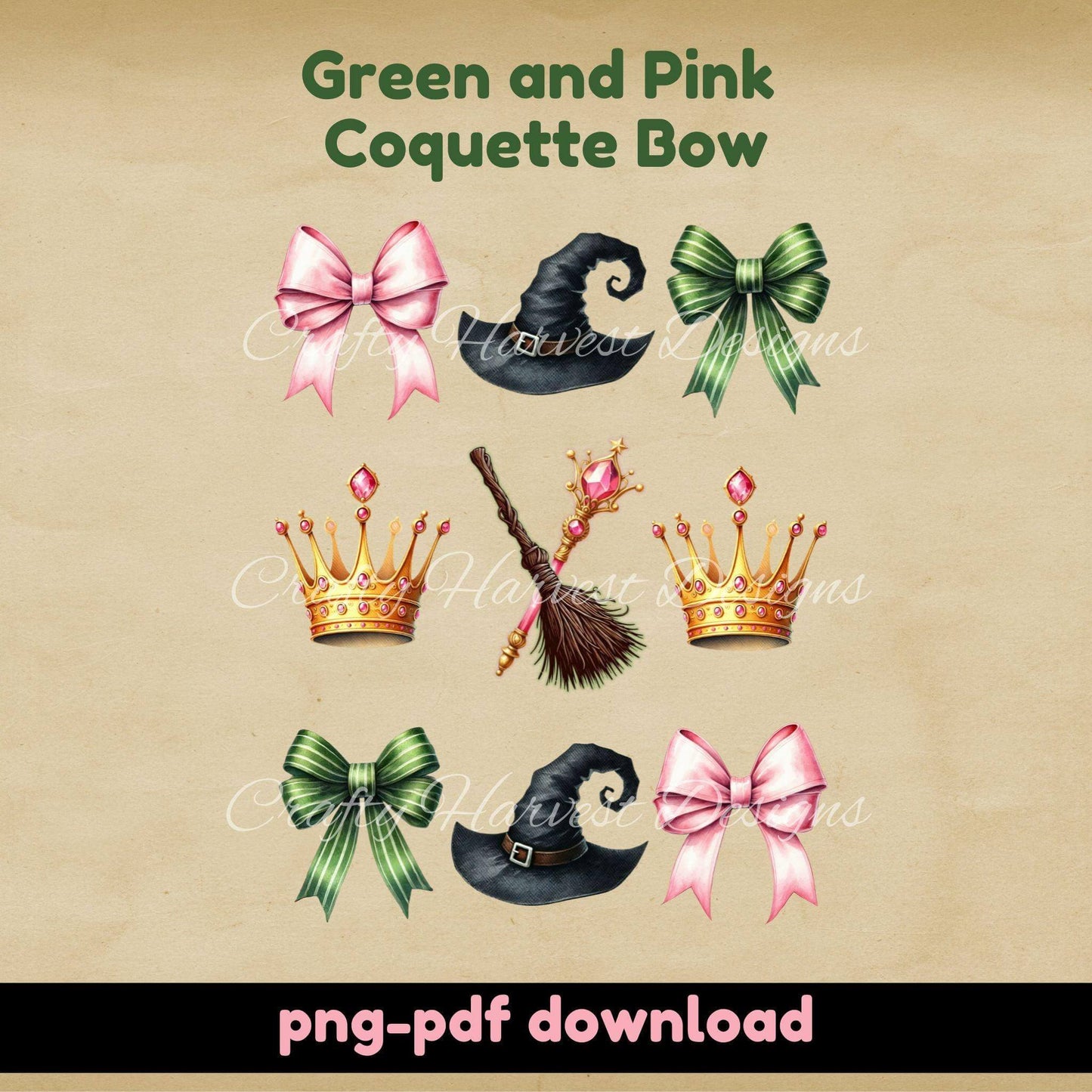 Enchanted Green & Pink Coquette Bows | Digital Download PNG PDF - Crafty Harvest Designs