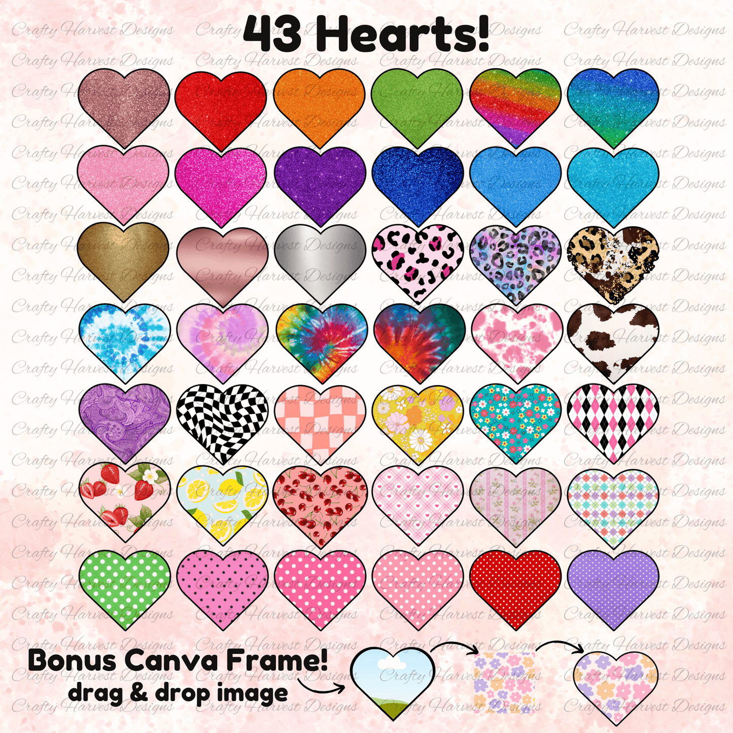 Heart grid mockup featuring 43 colorful hearts in various designs, including glitter, tie-dye, animal prints, checkered patterns, and florals. The image highlights a bonus Canva Frame with a “drag & drop image” feature for easy customization. The background is a soft, textured neutral to complement the heart designs.