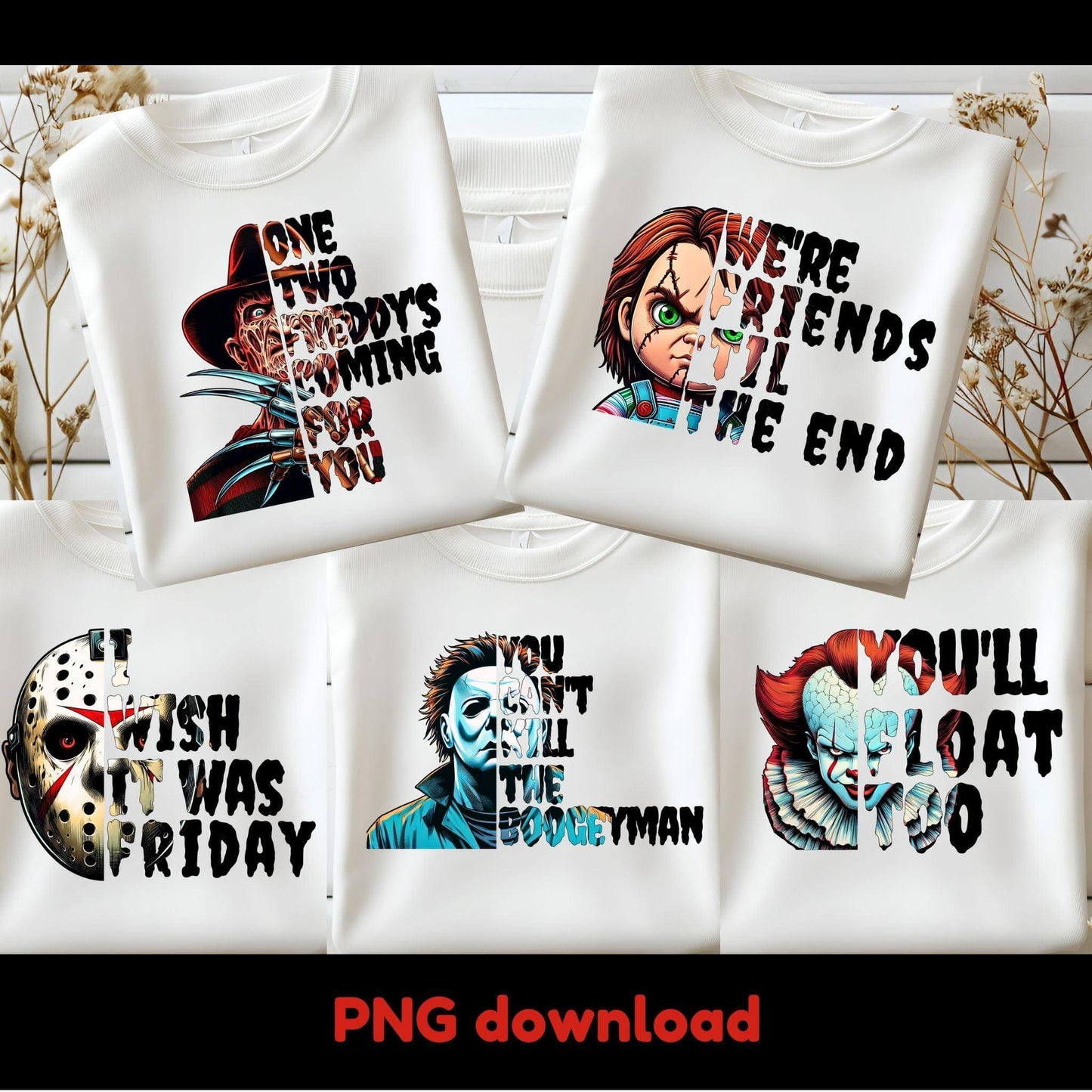 Horror Character T-Shirt Designs | 5 PNG Sublimation Files - Crafty Harvest Designs