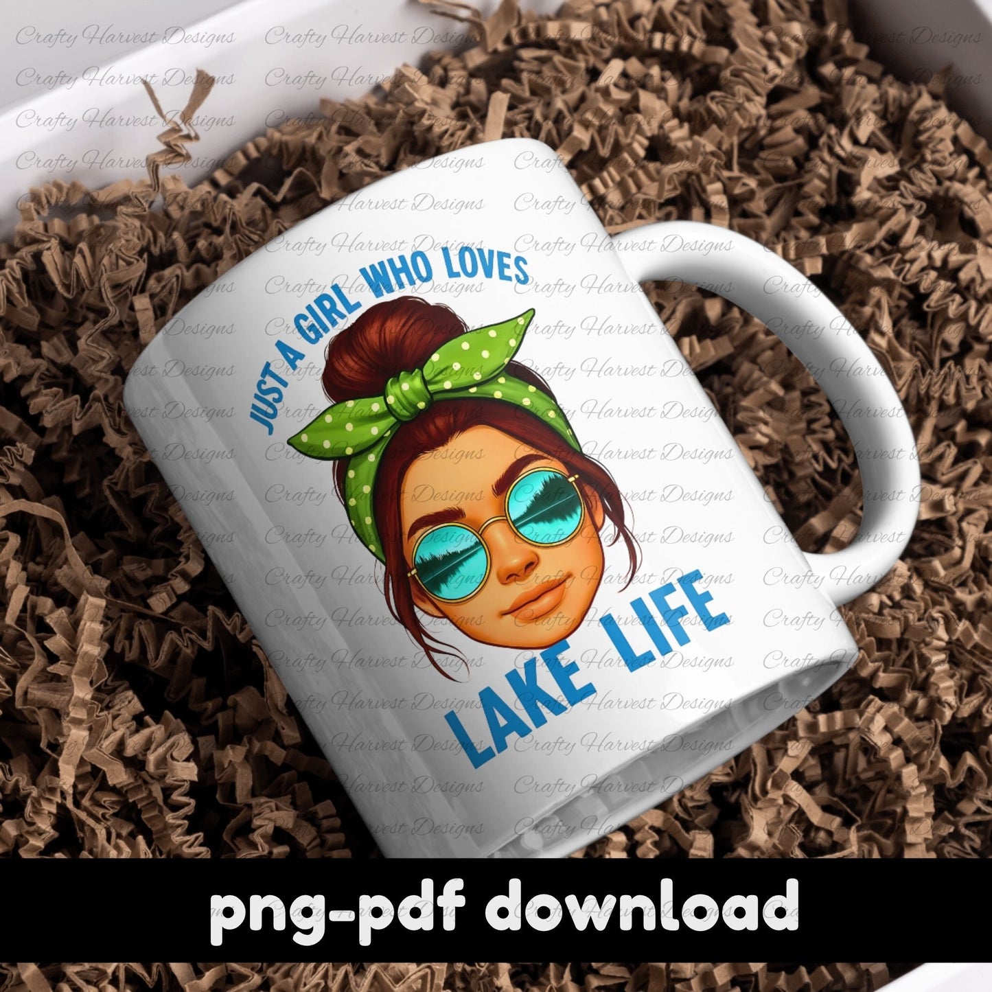 White coffee mug resting on brown paper filler, featuring a “Just a Girl Who Loves Lake Life” digital design. The artwork shows a brunette woman with a green polka dot bandana and reflective lake sunglasses. Text at the bottom reads “png-pdf download,” indicating it’s a digital product.