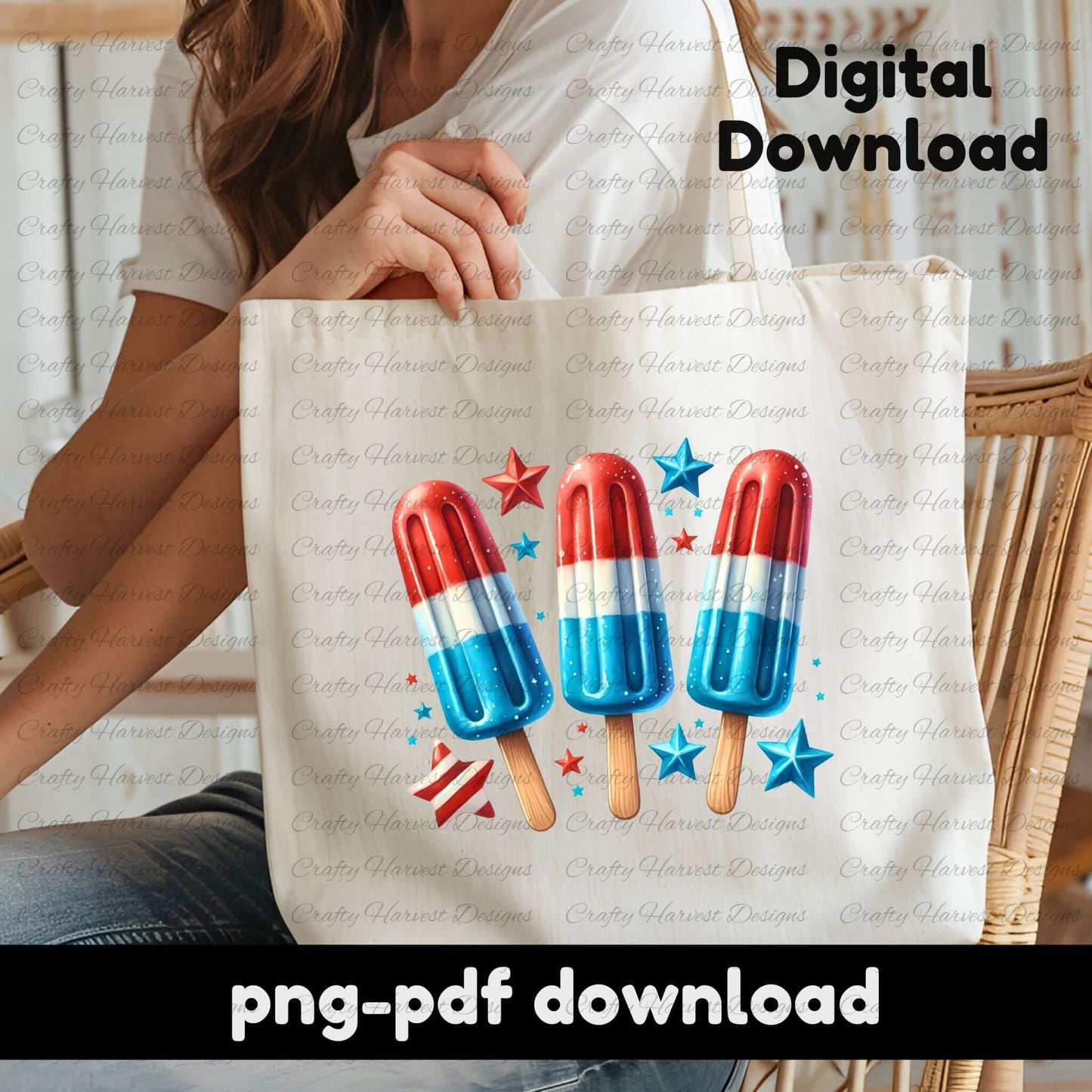Woman holding a cream-colored tote bag featuring a digital design of three red, white, and blue popsicles with scattered stars and a mini flag. The image includes text that reads “Digital Download” and “png-pdf download,” indicating it’s a printable design product.