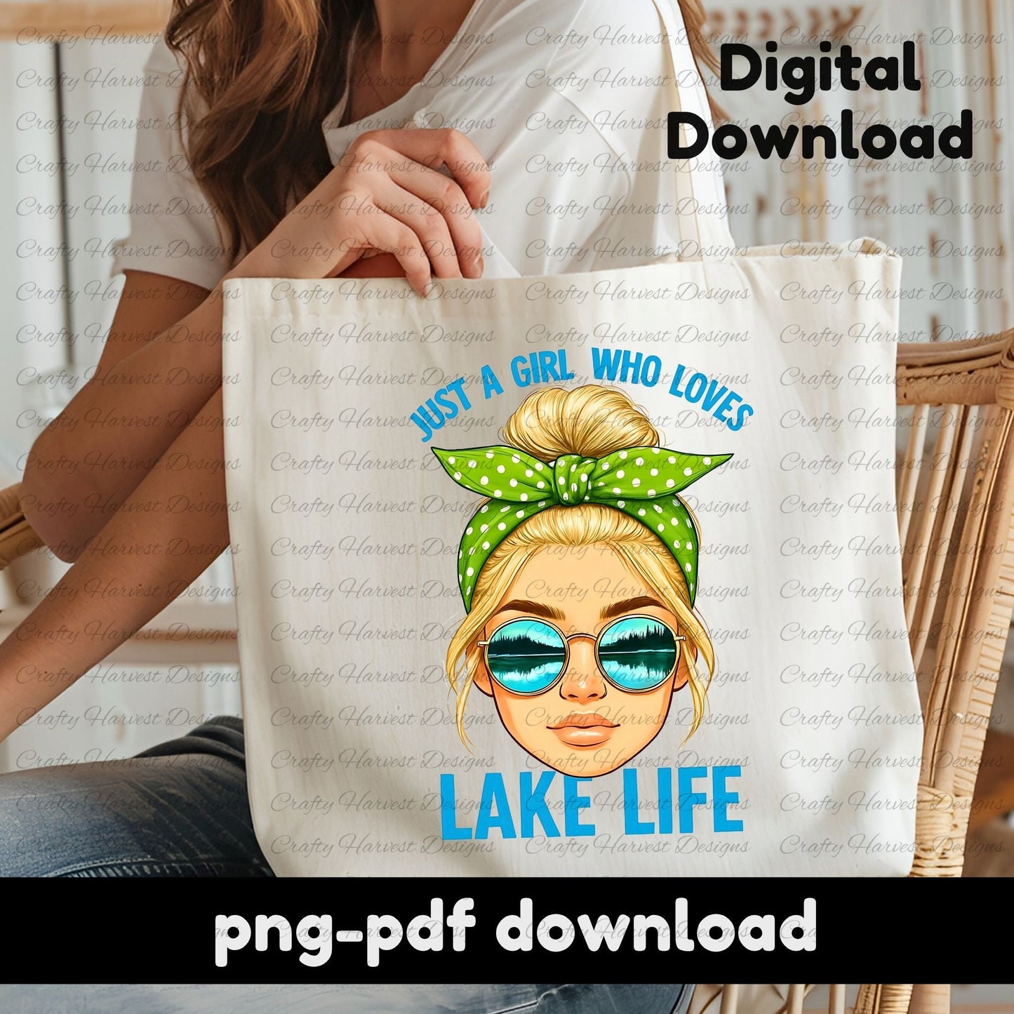Woman holding a cream-colored tote bag featuring a “Just a Girl Who Loves Lake Life” digital design. The graphic shows a blonde woman with a green polka dot bandana and reflective lake sunglasses. Text on the image reads “Digital Download” and “png-pdf download,” indicating it’s a printable file.