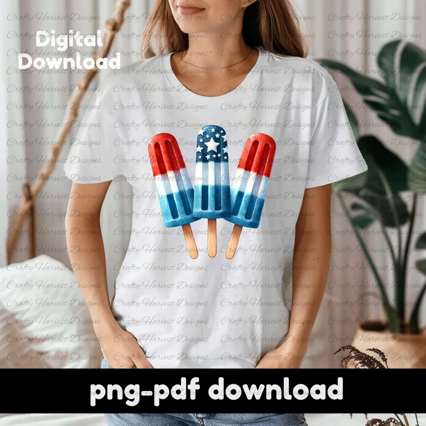 Woman wearing a white t-shirt featuring a digital design of three red, white, and blue popsicles, with the center pop designed like the American flag. Text on the image reads “Digital Download” and “png-pdf download,” indicating a printable digital product.