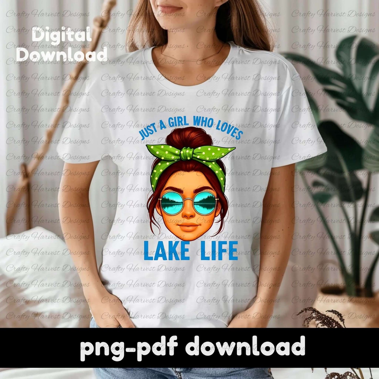 Woman wearing a white t-shirt with a “Just a Girl Who Loves Lake Life” digital design. The artwork features a brunette woman with a green polka dot bandana and lake reflection sunglasses. Text on the image reads “Digital Download” and “png-pdf download,” indicating a printable product.