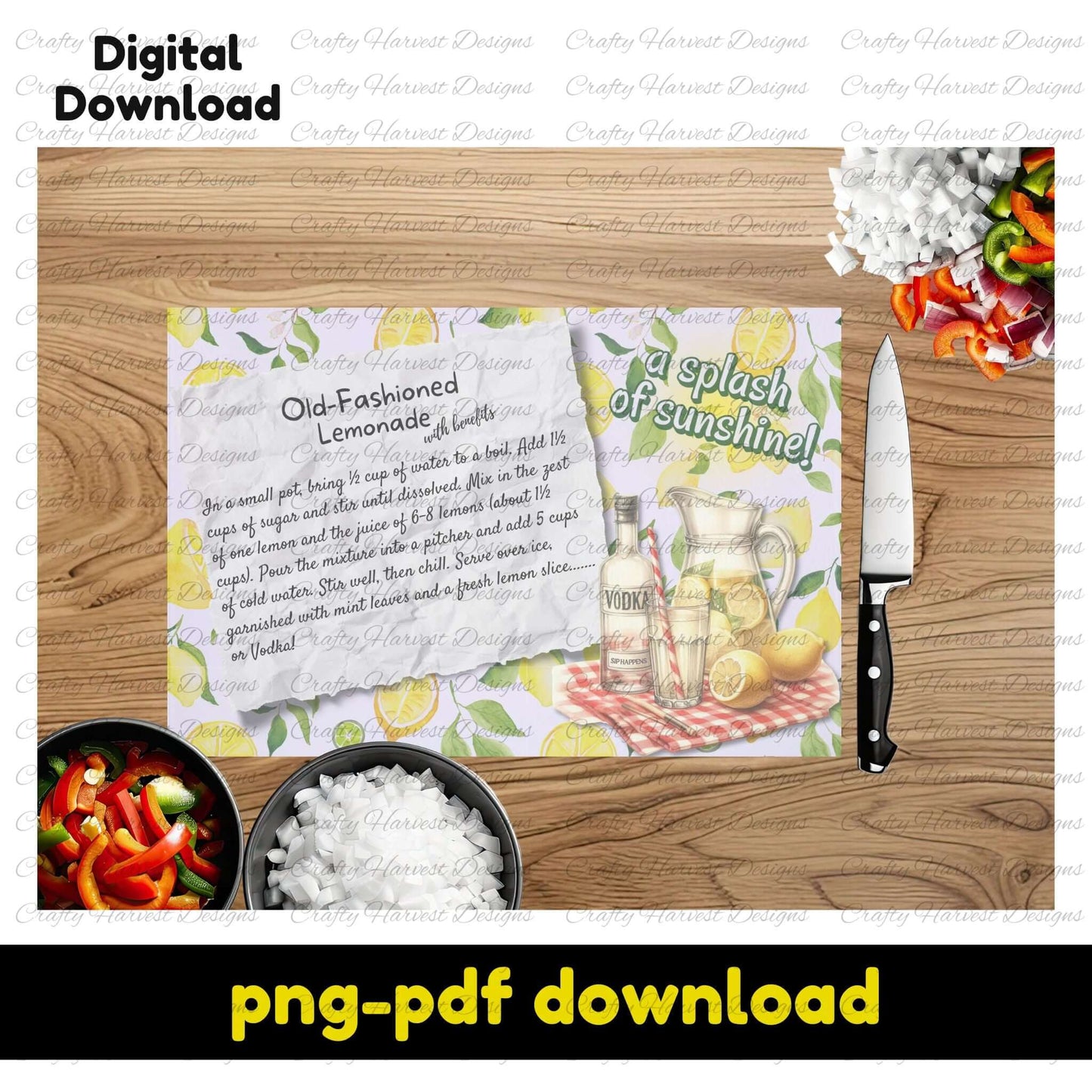 Mockup of a digital design featuring an old-fashioned lemonade recipe on a lemon-themed background. The design is displayed on a wooden surface with a cutting board, a knife, and fresh ingredients, highlighting its use for glass cutting board customization. Available as a digital download.