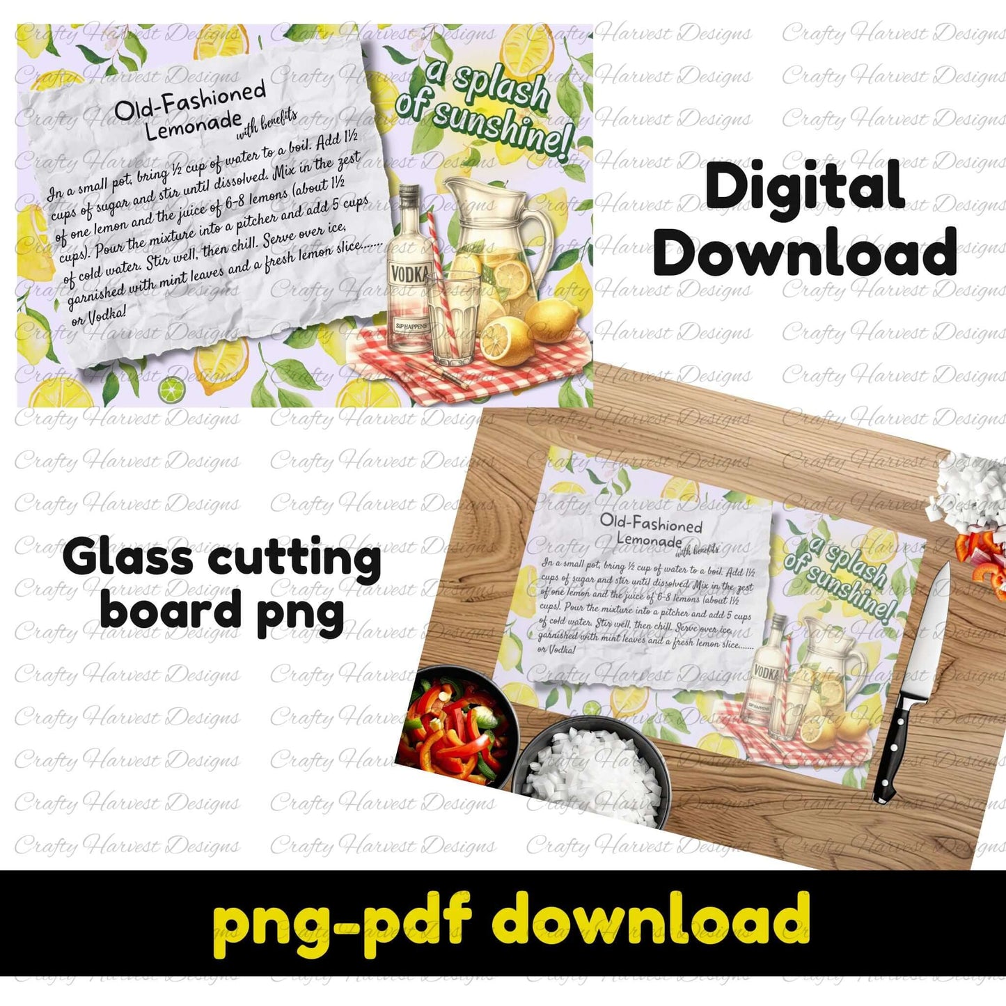 Digital design featuring an old-fashioned lemonade recipe with a vintage aesthetic. The design includes a rustic paper background, fresh lemons, a pitcher, and a vodka bottle. Two mockups display the design: one as a standalone image and another on a wooden cutting board with a knife and fresh ingredients. Bold text highlights it as a digital download for glass cutting boards.