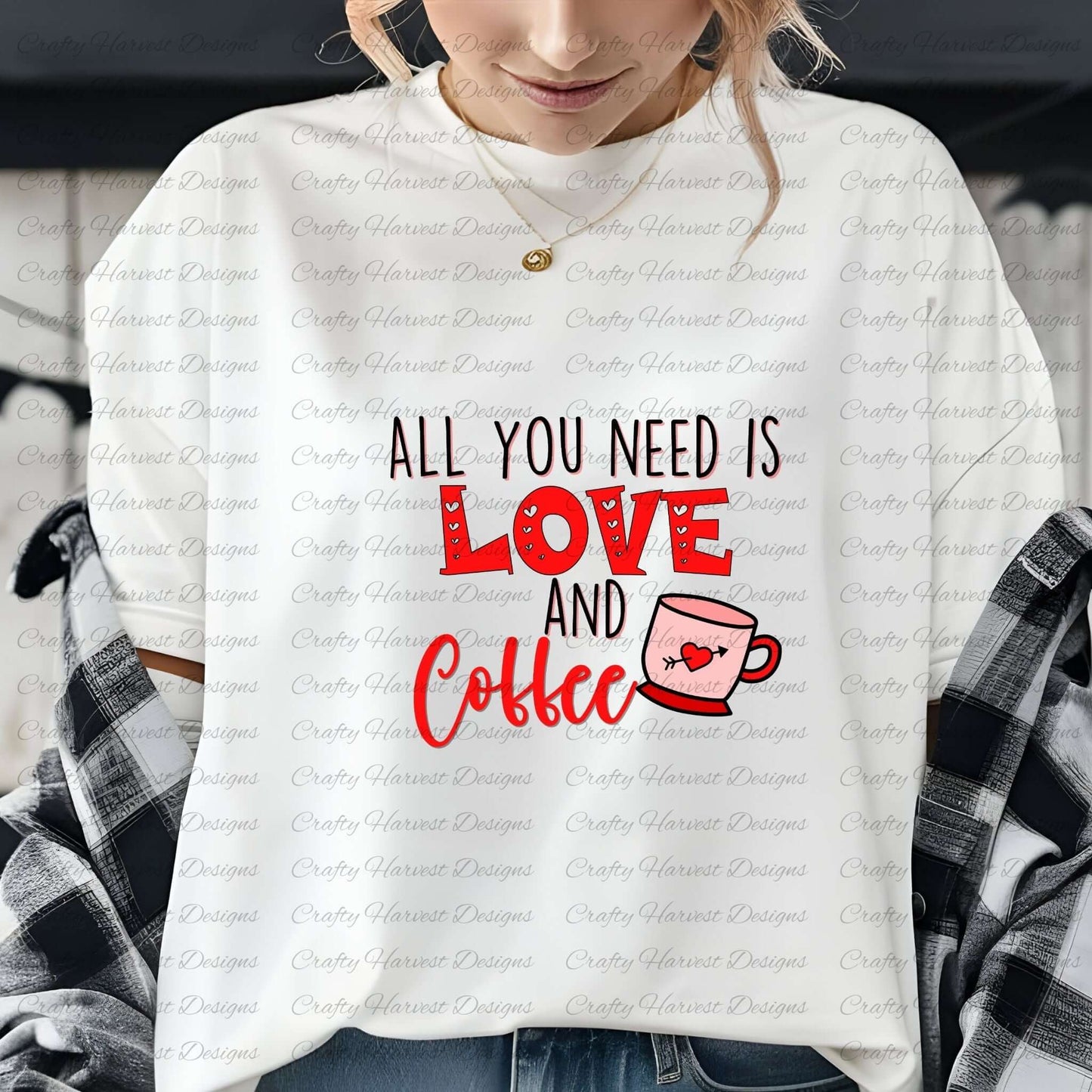 White t-shirt mockup featuring the ‘All You Need is Love and Coffee’ digital design in red and pink with a heart mug illustration. Perfect for Valentine’s crafts, shirts, and gifts.