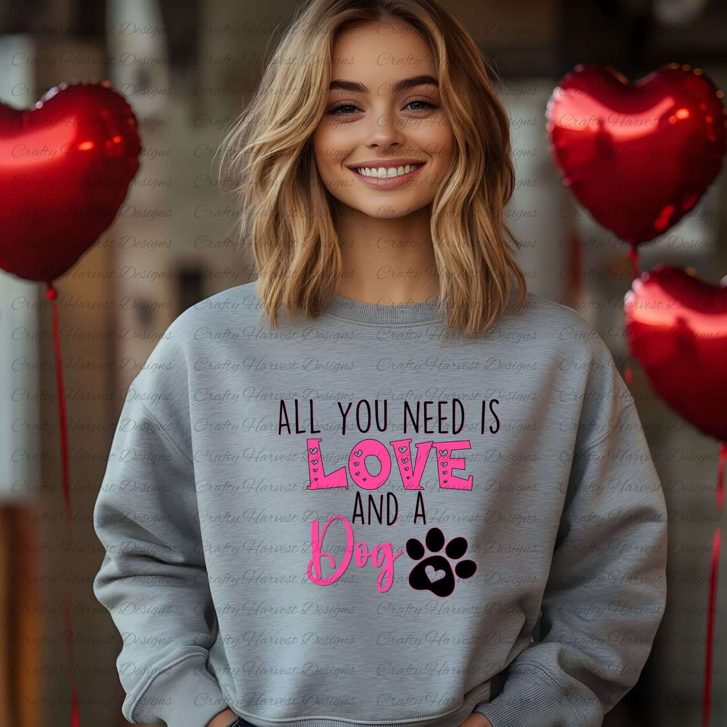 Gray sweatshirt mockup featuring the ‘All You Need is Love and a Dog’ digital design in pink and black with a paw print graphic. Perfect for pet lovers and Valentine’s Day crafts