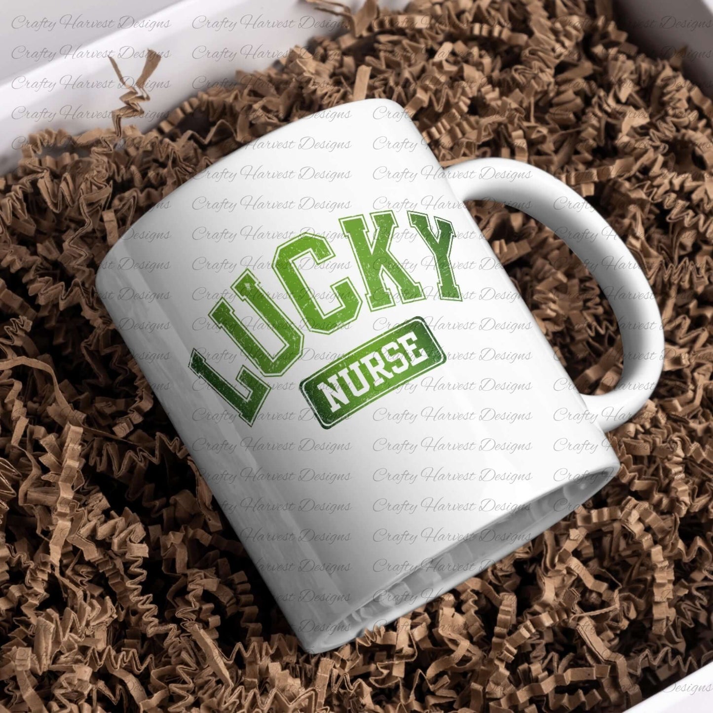 White ceramic mug featuring the ‘Lucky Nurse’ St. Patrick’s Day design in bold green text. The mug is placed on a bed of brown crinkle paper for a festive presentation.