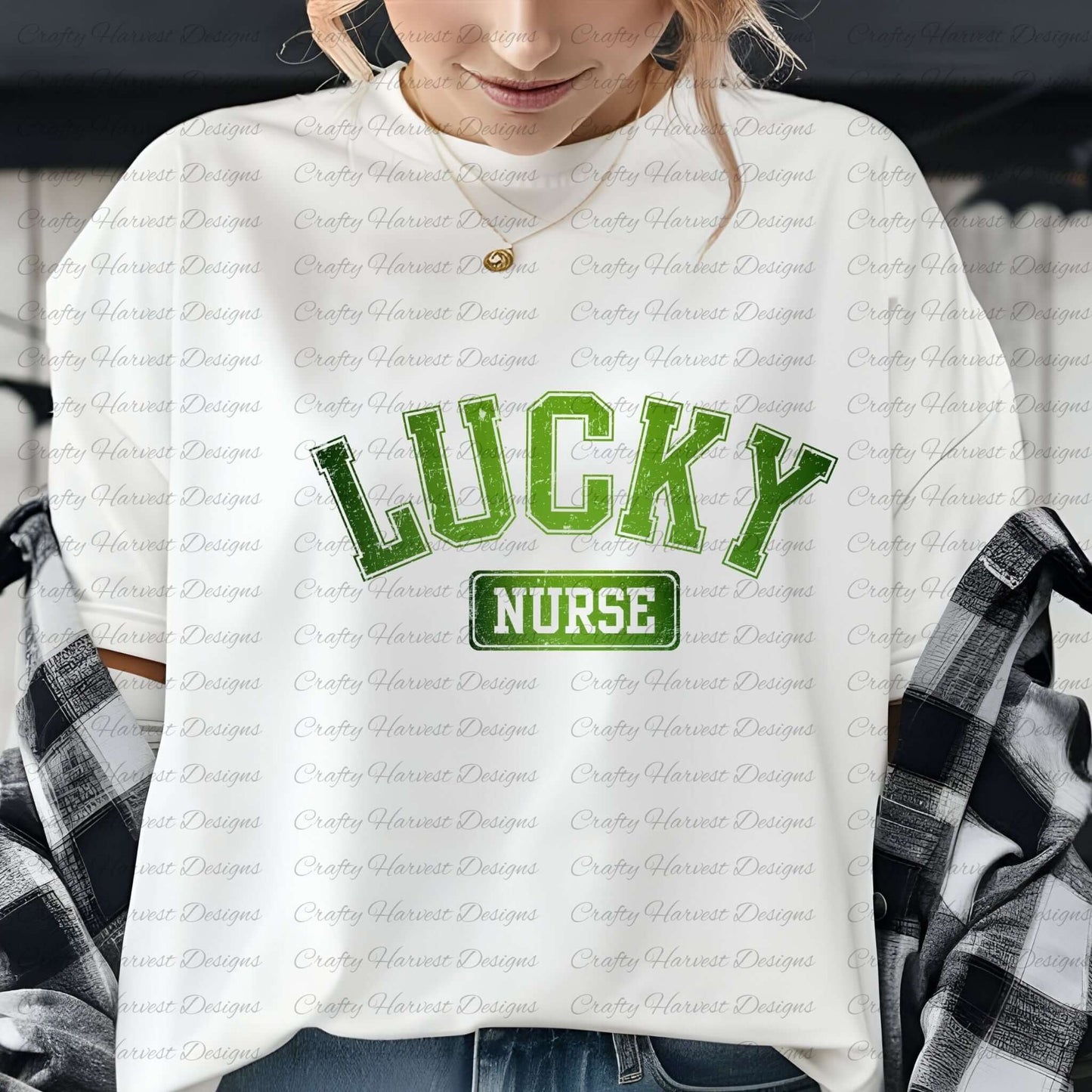 Close-up of a woman wearing a white t-shirt with the ‘Lucky Nurse’ St. Patrick’s Day design in bold green text. She is accessorized with a gold necklace and has a plaid shirt draped over her shoulders.