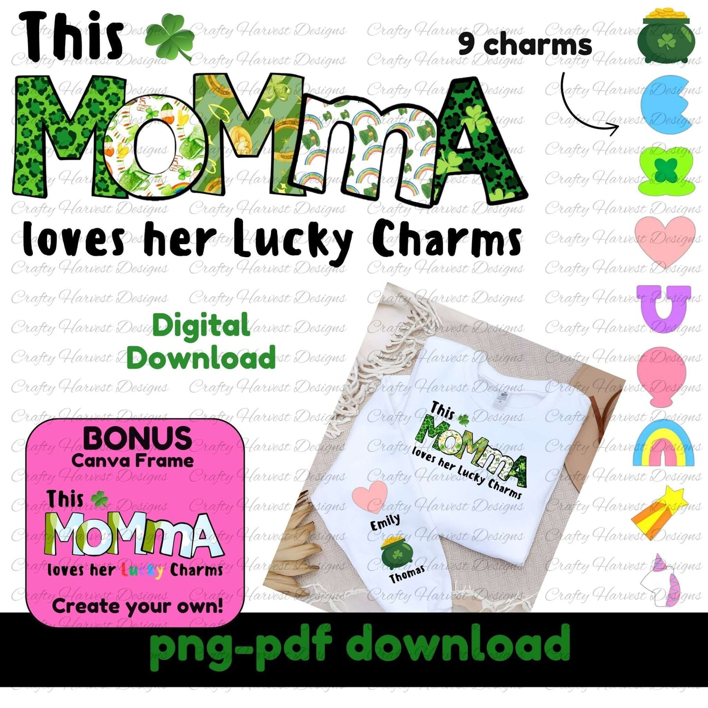 Lucky Charms “MOMMA” digital download design with green-patterned letters, 9 colorful charm icons, a sample shirt with customizable names, and a bonus Canva frame for personalization.