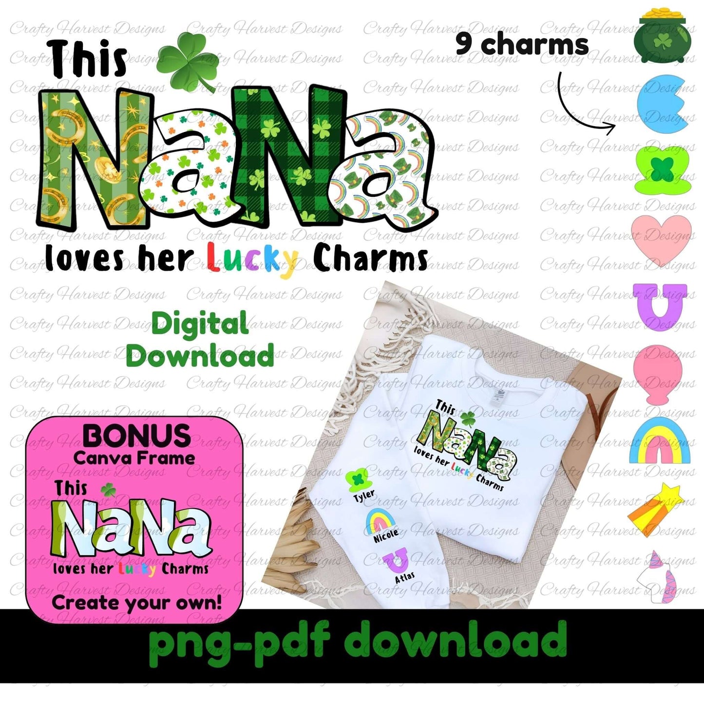 Lucky Charms “NANA” digital download design with green-patterned letters, 9 colorful charm icons, a sample shirt with customizable names, and a bonus Canva frame for personalization.