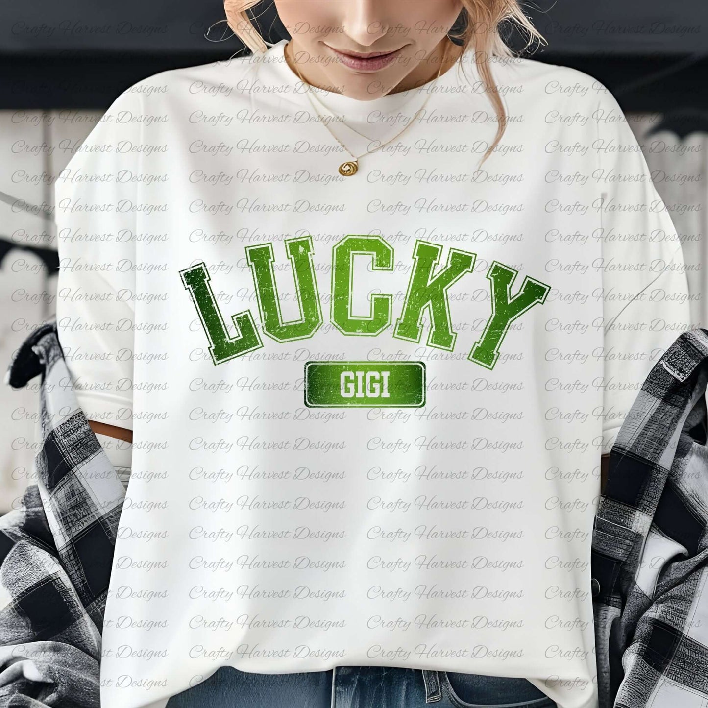 Close-up of a woman wearing a white t-shirt with the ‘Lucky Gigi’ St. Patrick’s Day design in bold green text. She is accessorized with a gold necklace and has a plaid shirt draped over her shoulders.