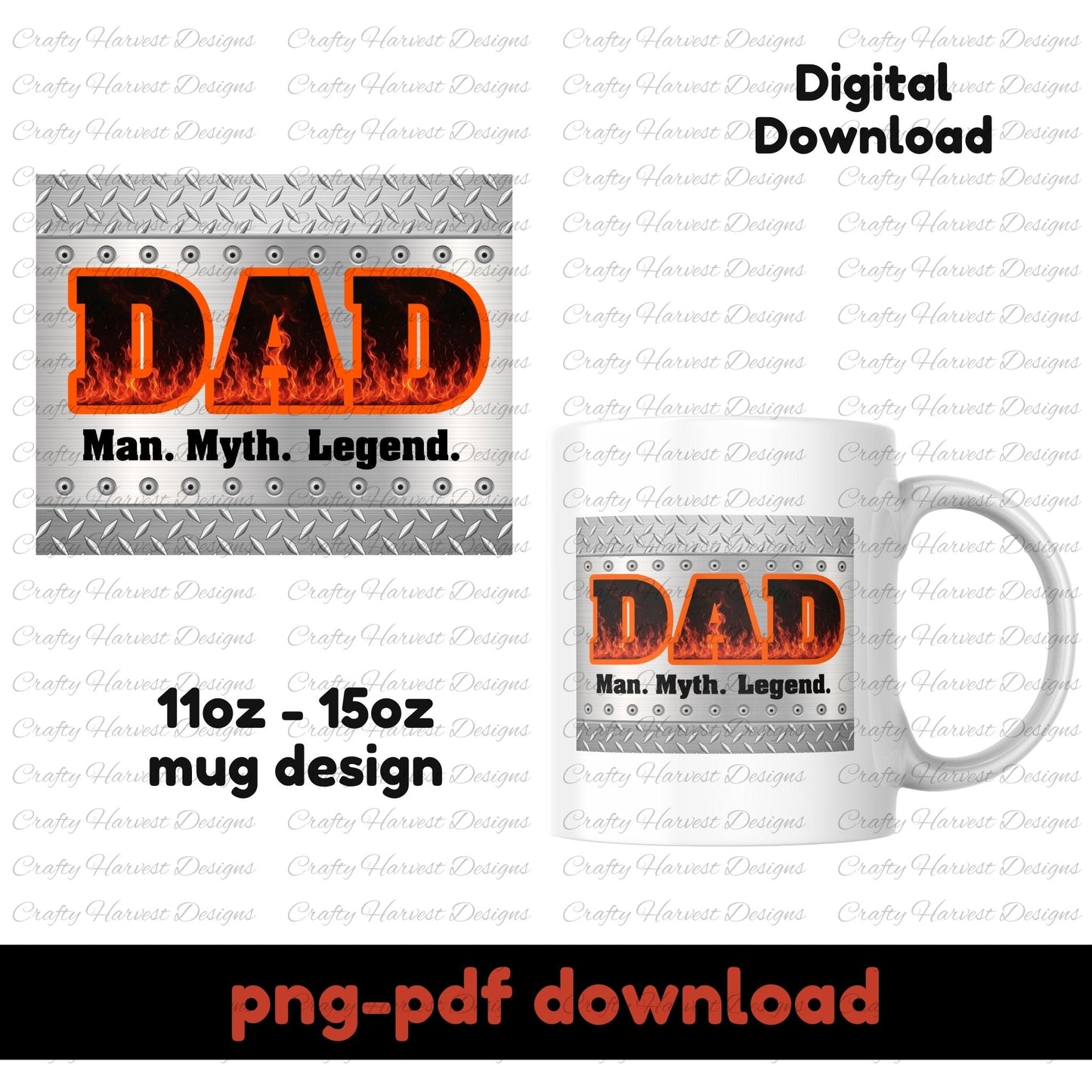 Digital mug wrap design featuring the word “DAD” in bold fiery letters with the phrase “Man. Myth. Legend.” on a diamond plate metal background, shown as a flat file and mockup on an 11oz–15oz white mug.