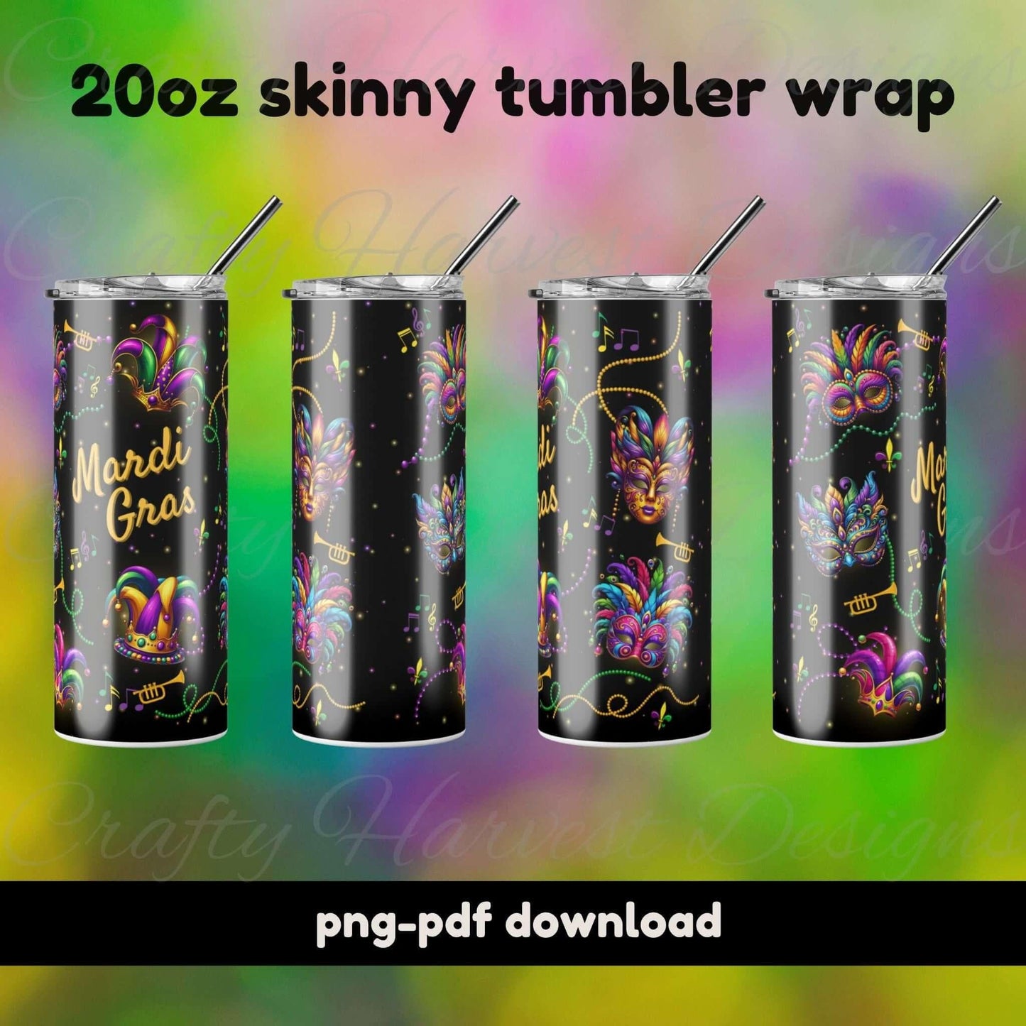 Mardi Gras Mask Tumbler Wrap | 20oz Skinny PNG-PDF Download - Crafty Harvest Designs
