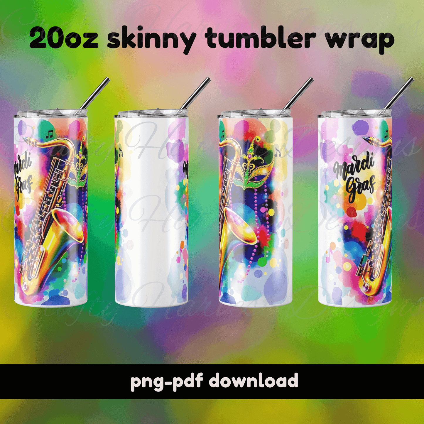 Mardi Gras Saxophone Tumbler Wrap | 20oz Skinny Tumbler Design - Crafty Harvest Designs