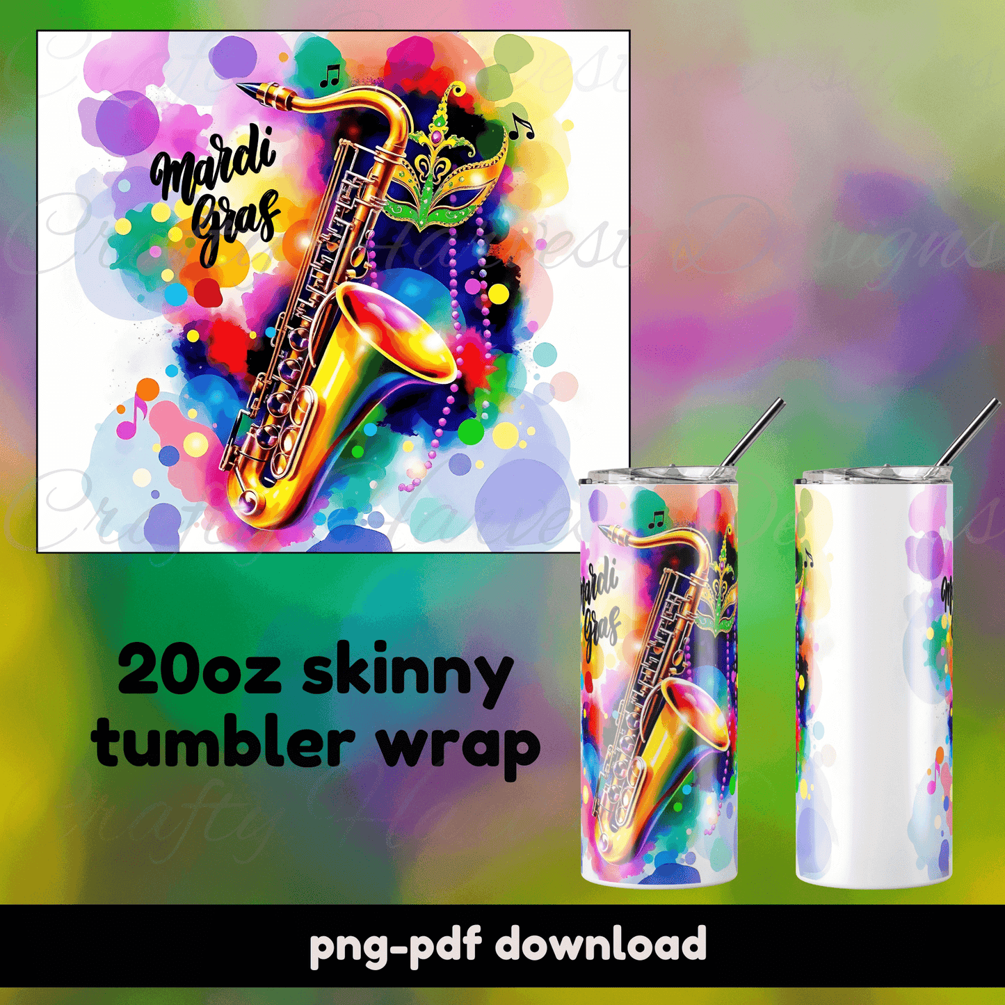 Mardi Gras Saxophone Tumbler Wrap | 20oz Skinny Tumbler Design - Crafty Harvest Designs