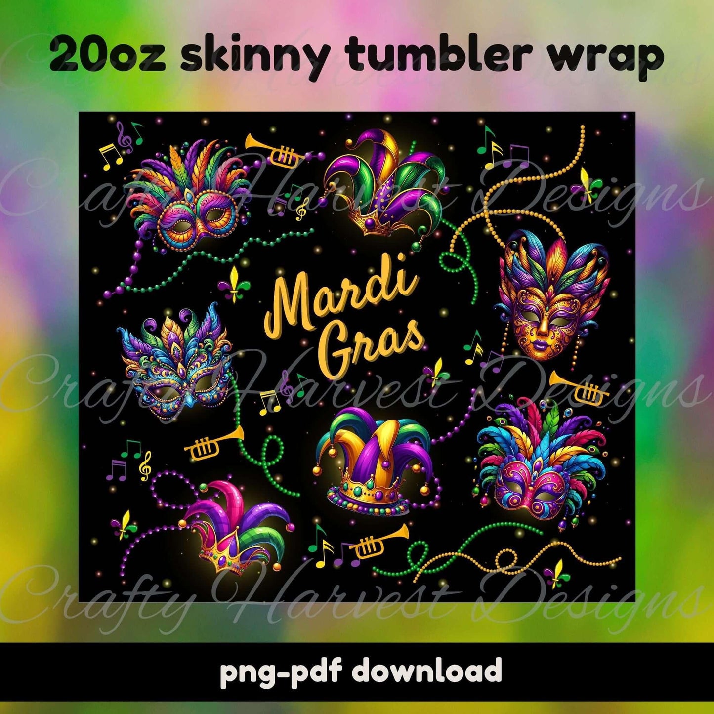 Mardi Gras Mask Tumbler Wrap | 20oz Skinny PNG-PDF Download - Crafty Harvest Designs
