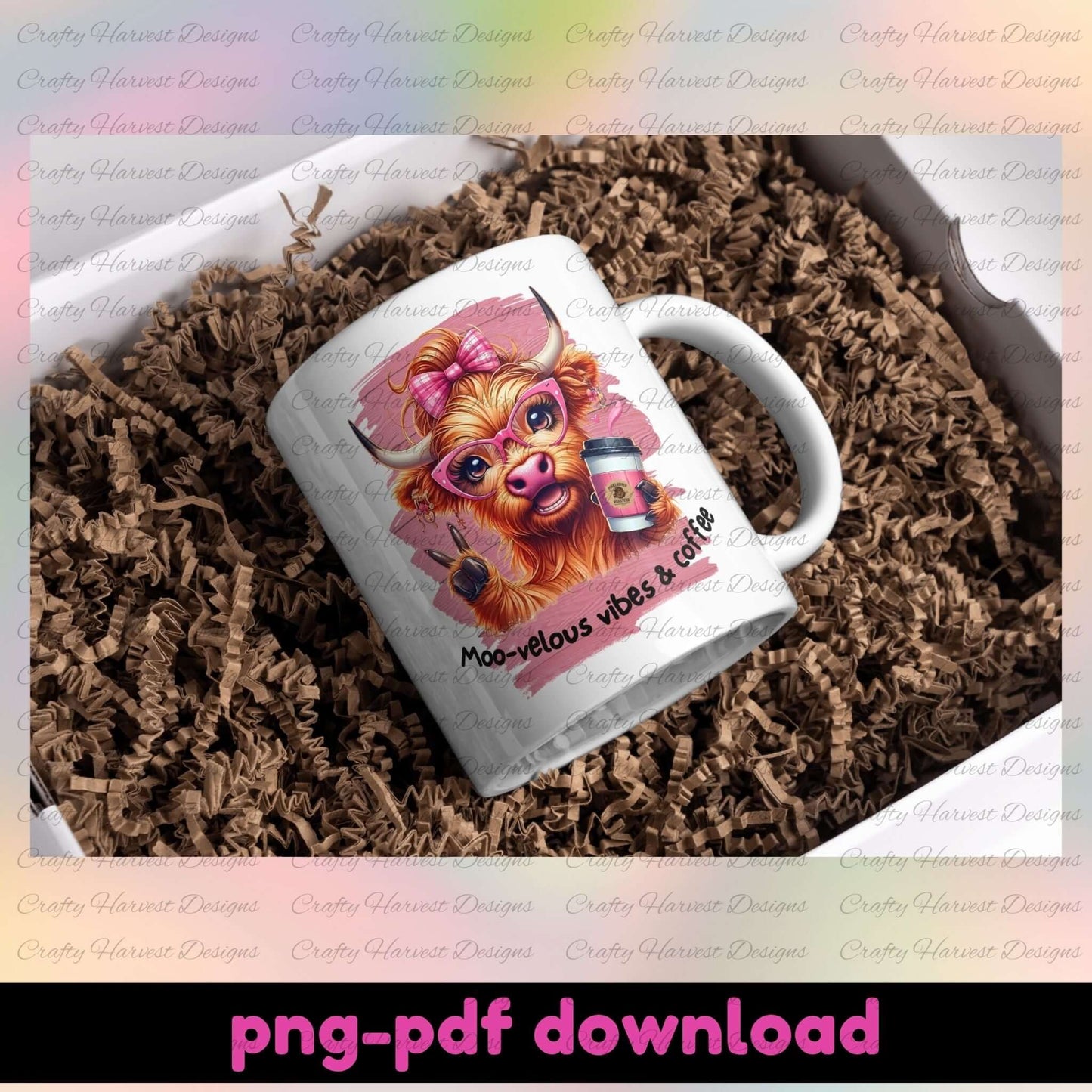Mug with a cartoon cow design and text on a brown shredded paper background