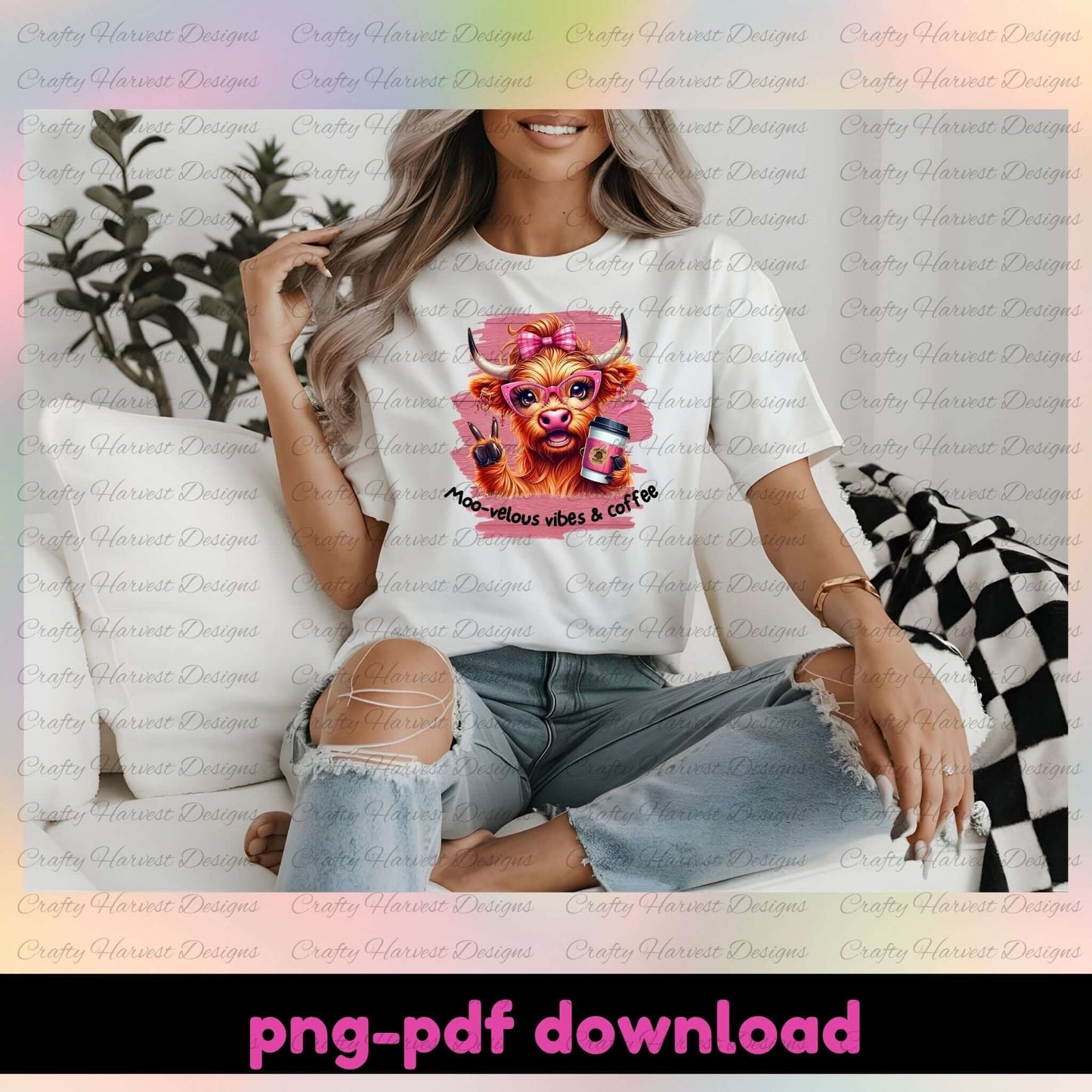 Woman wearing a white t-shirt with a colorful graphic design, sitting on a couch.